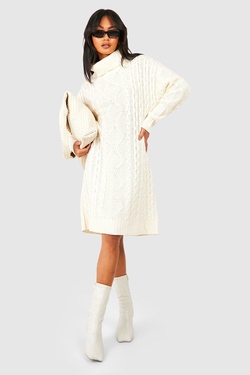 Image of Vestito in maglia oversize in maglia spessa con collo alto, Bianco