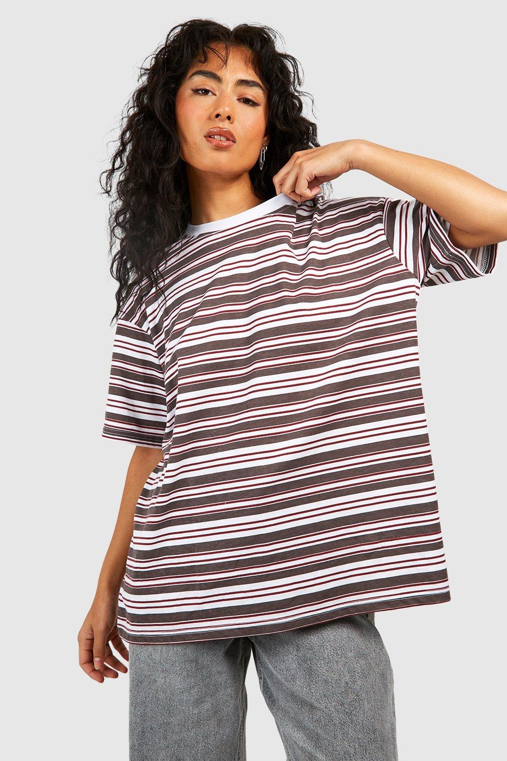 Image of T-shirt oversize Basic in cotone a righe, Brown