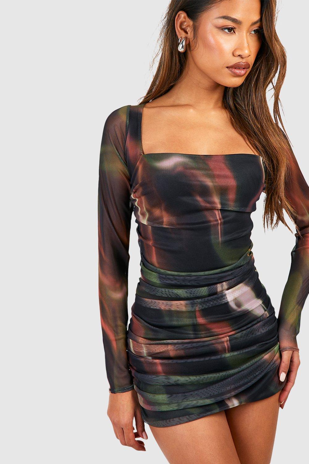 Abstract Rouched Mesh Mini Dress - Multi - 12
