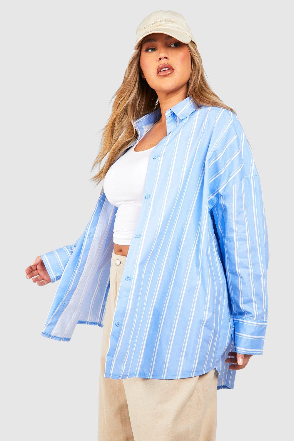 Image of Camicia Plus Size oversize in cotone popeline a righe, Azzurro