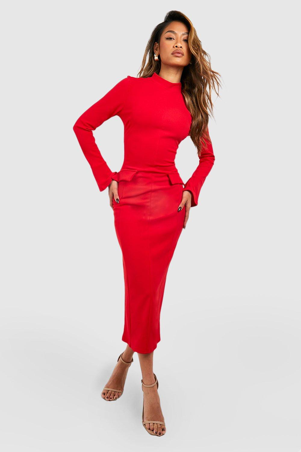 Crepe High Neck Pocket Detail Midaxi Dress - Red - 16