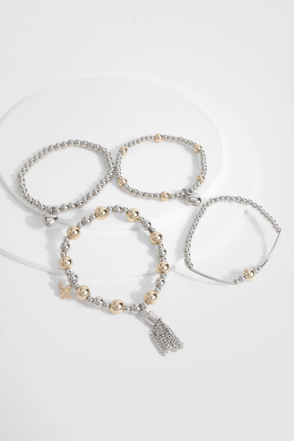 Image of Bracciale a catena con perline miste in metallo, Grigio