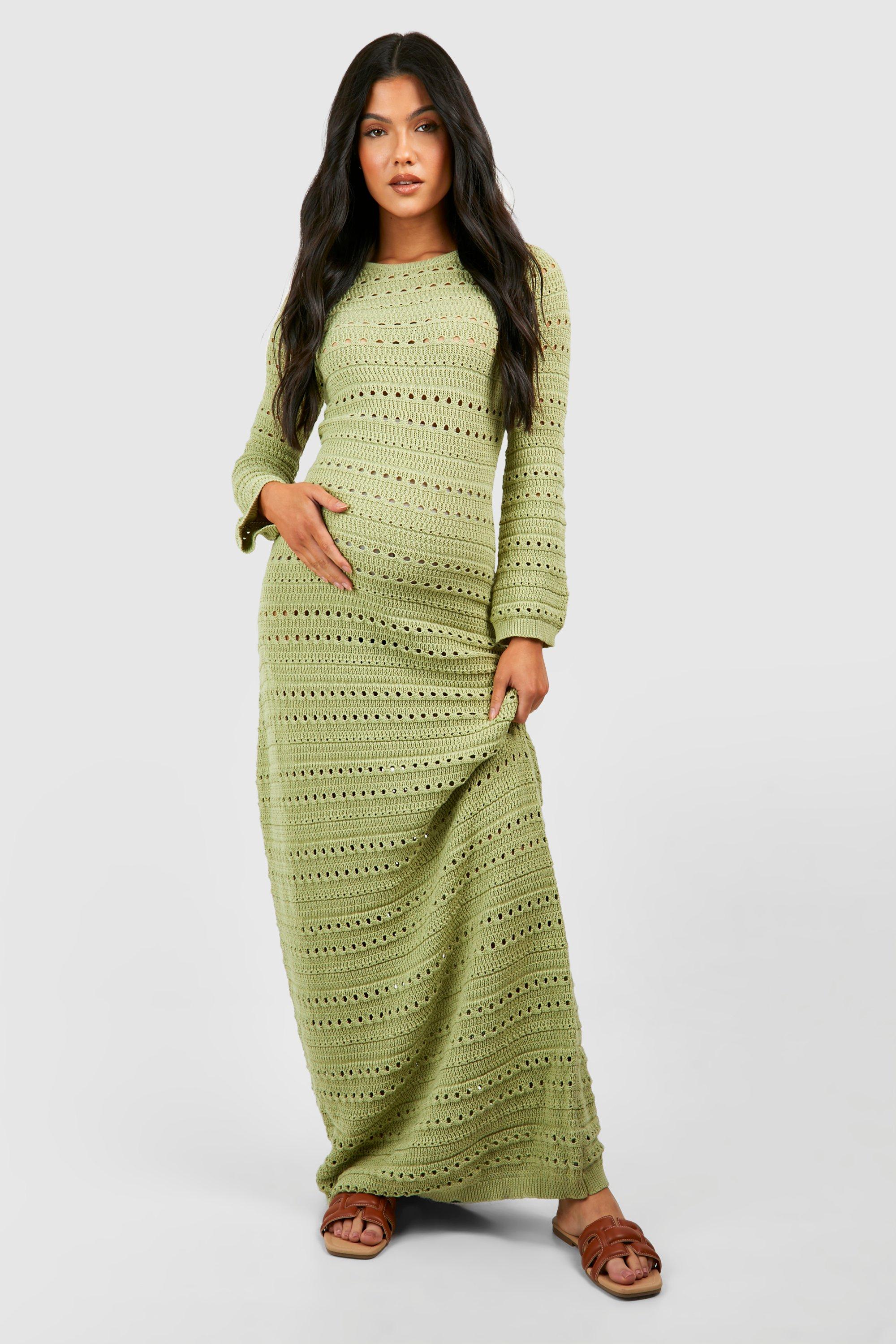 Boohoo Maternity Crochet Flare Sleeve Tie Back Knitted Maxi Dress, Khaki