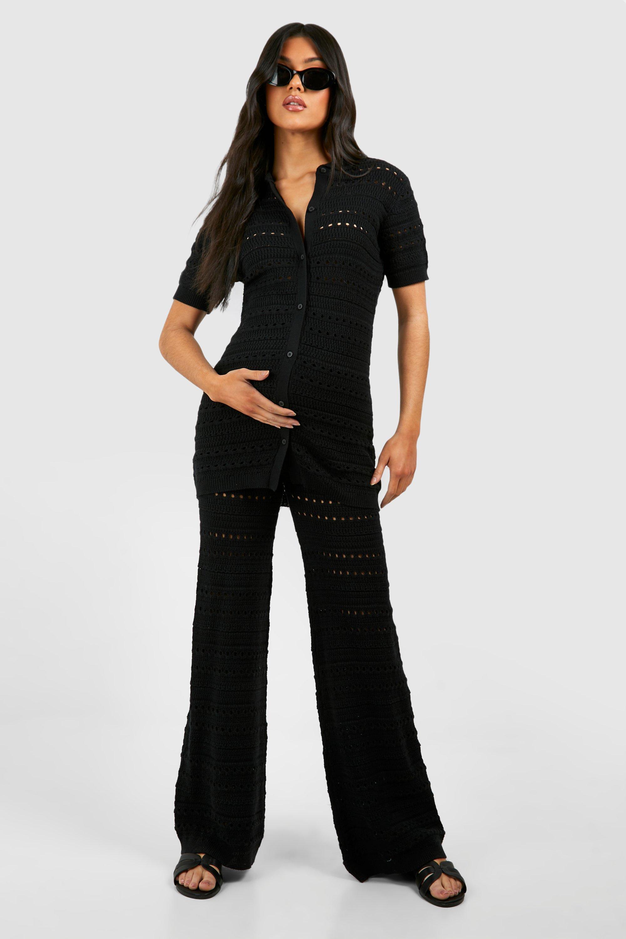Maternity Crochet Knitted Shirt And Wide Leg Trouser Co-Ord - Black - 16