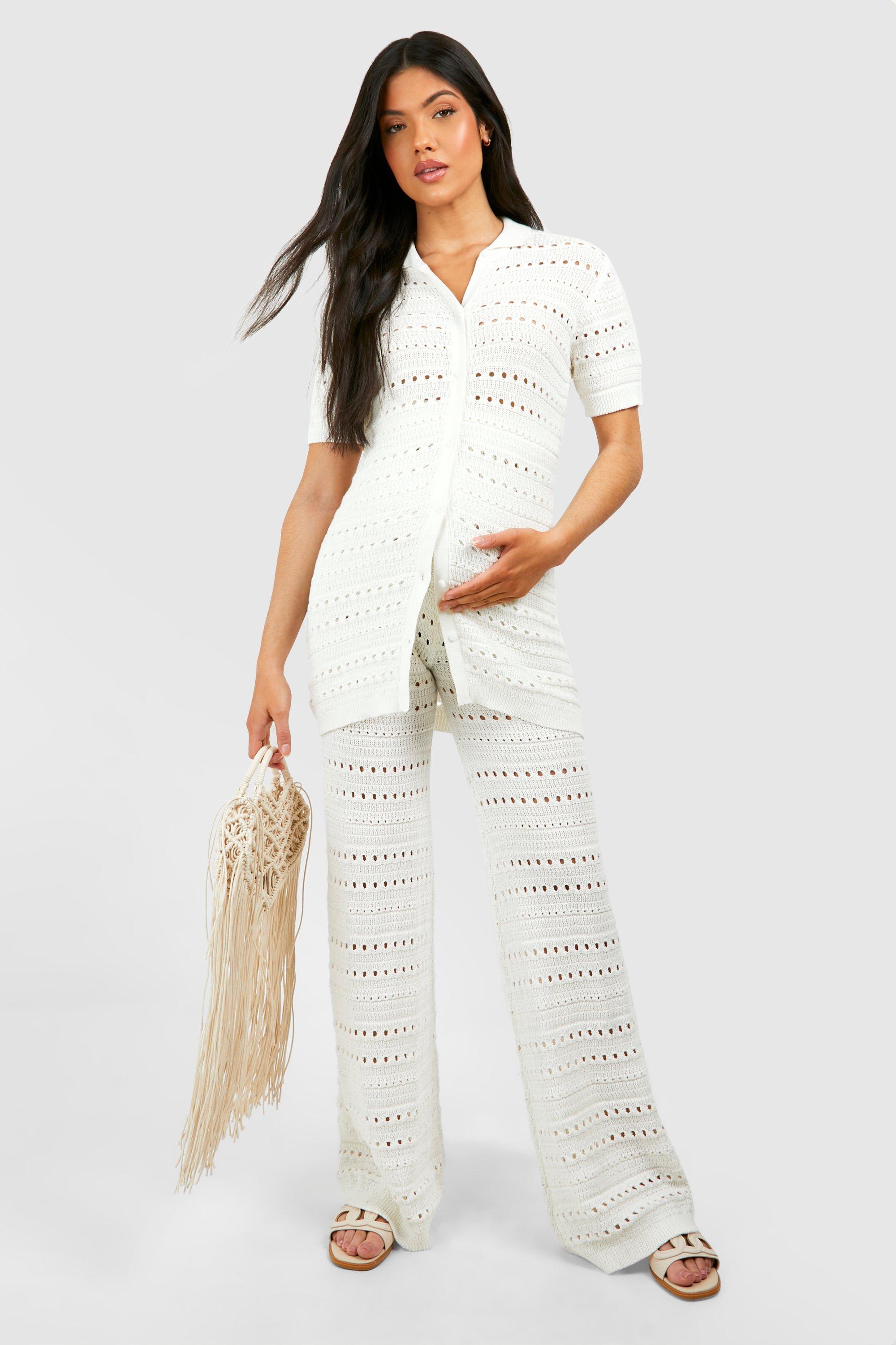 Maternity Crochet Knitted Shirt And Wide Leg Trouser Co-Ord - White - 16