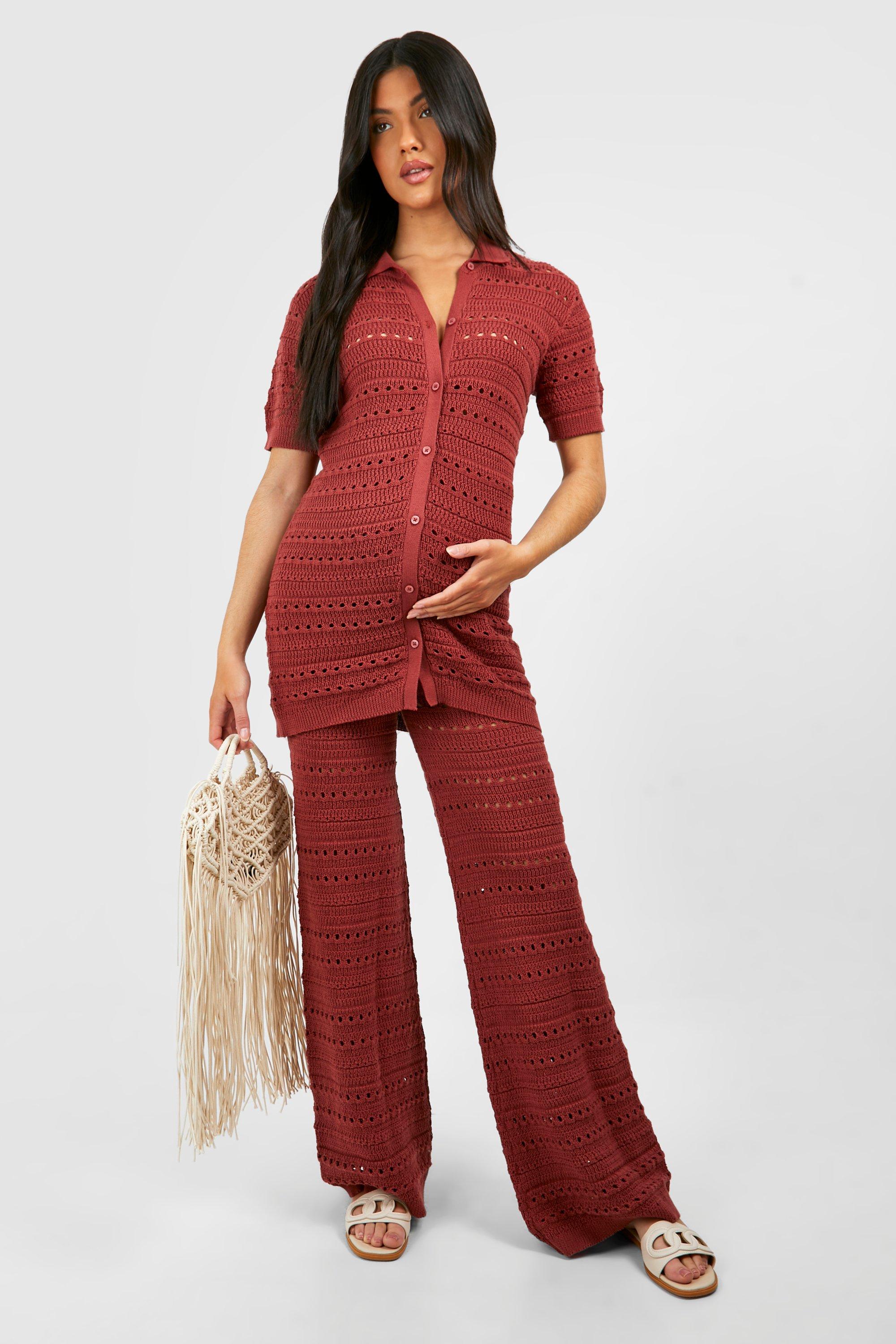 Maternity Crochet Knitted Shirt And Wide Leg Trouser Co-Ord - Orange - 16