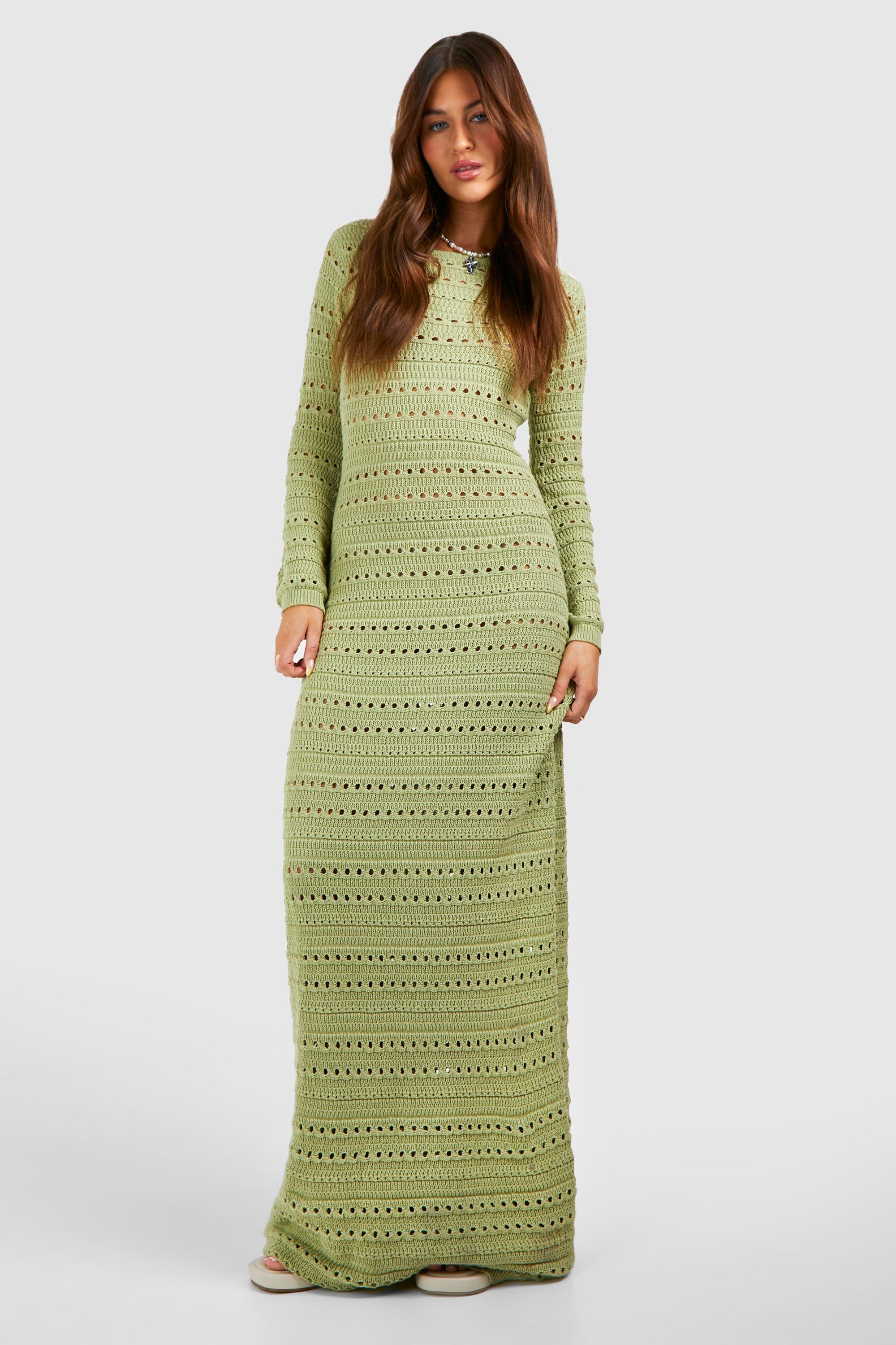 Crochet Flare Sleeve Tie Back Knitted Maxi Dress - Green - 16