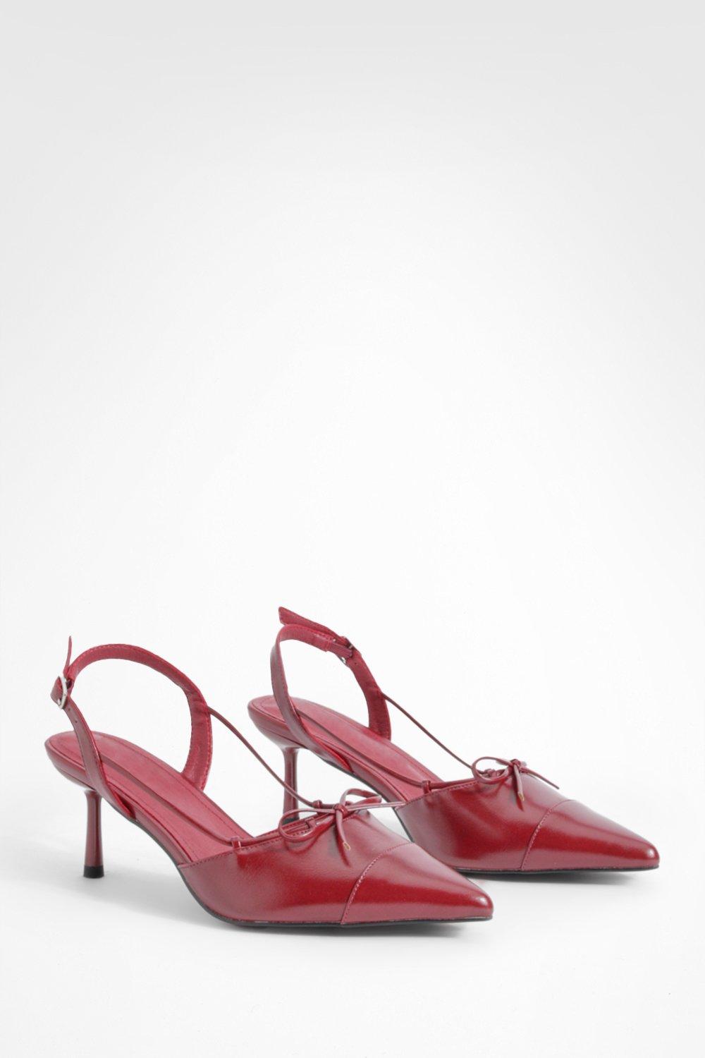 Wide Fit Bow Detail Toe Cap Court Shoes - Red - 8