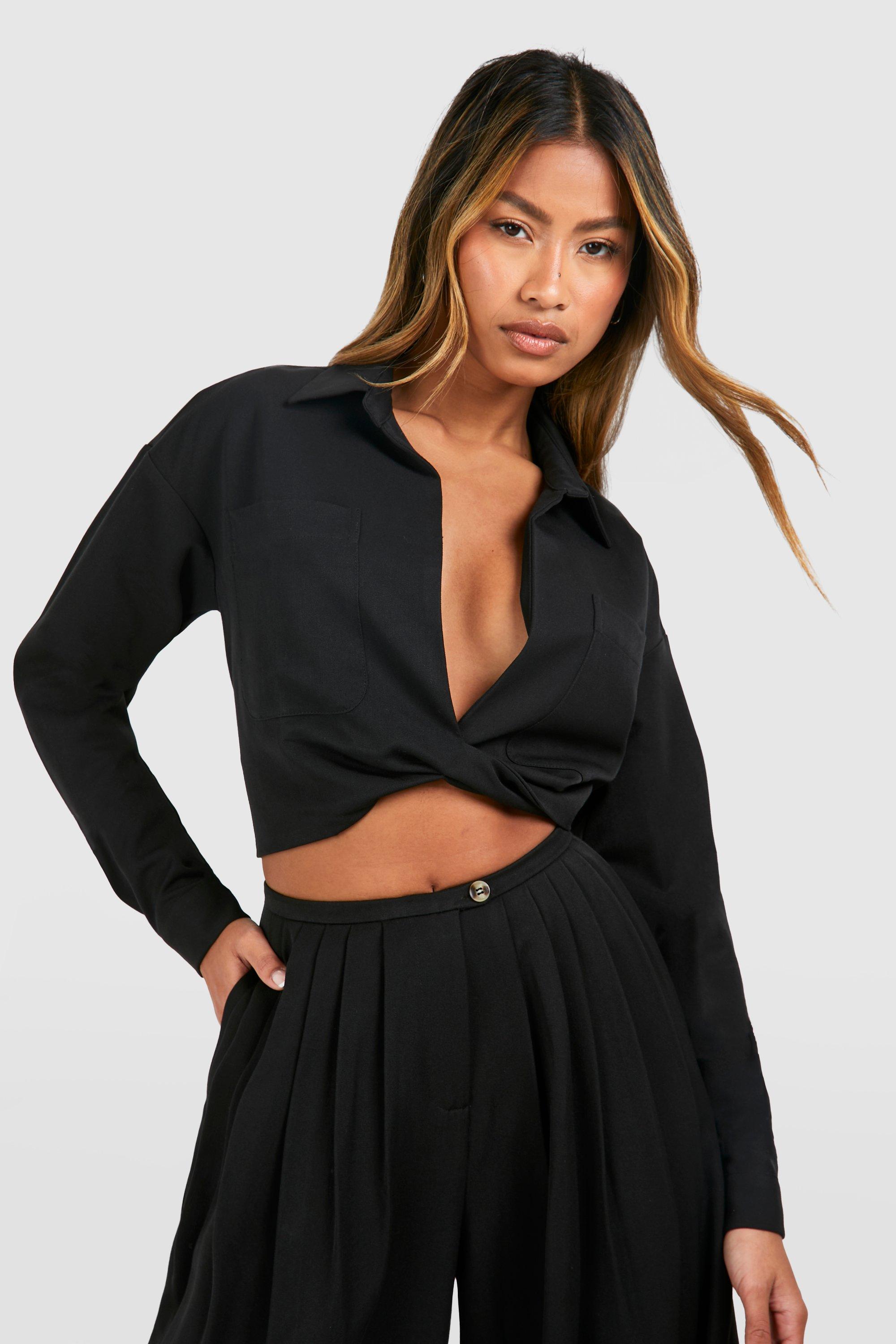Linen Look Relaxed Fit Twist Front Shirt - Black - 12