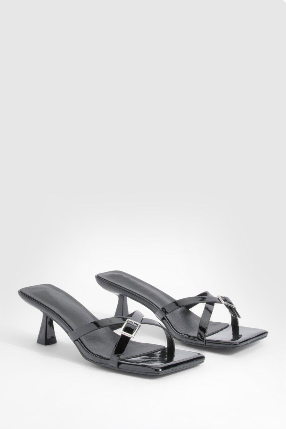 Patent Square Toe Buckle Detail Low Heeled Mules - Black - 10