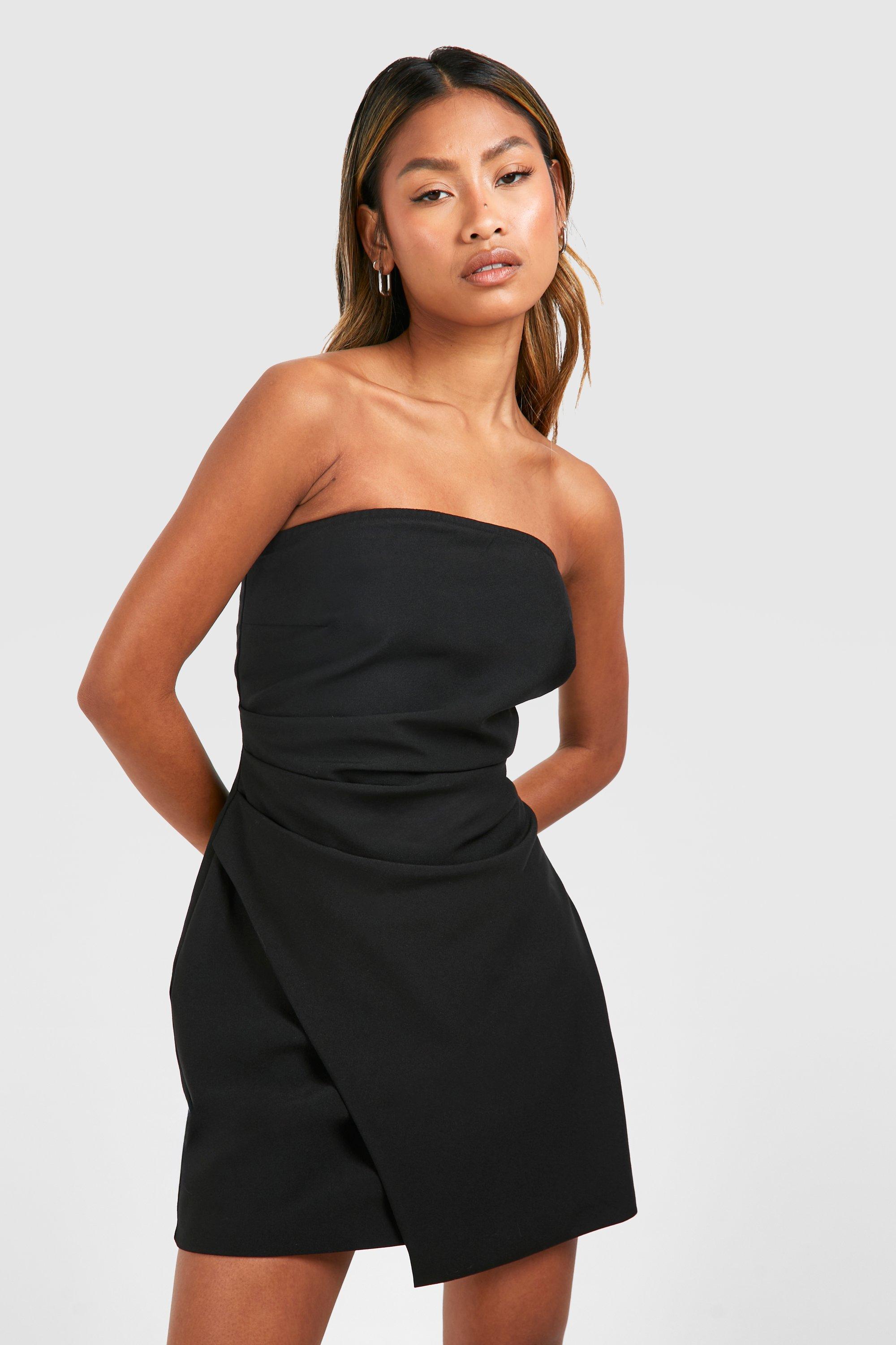 Linen Look Drape Bandeau Tailored Mini Dress - Black - 10