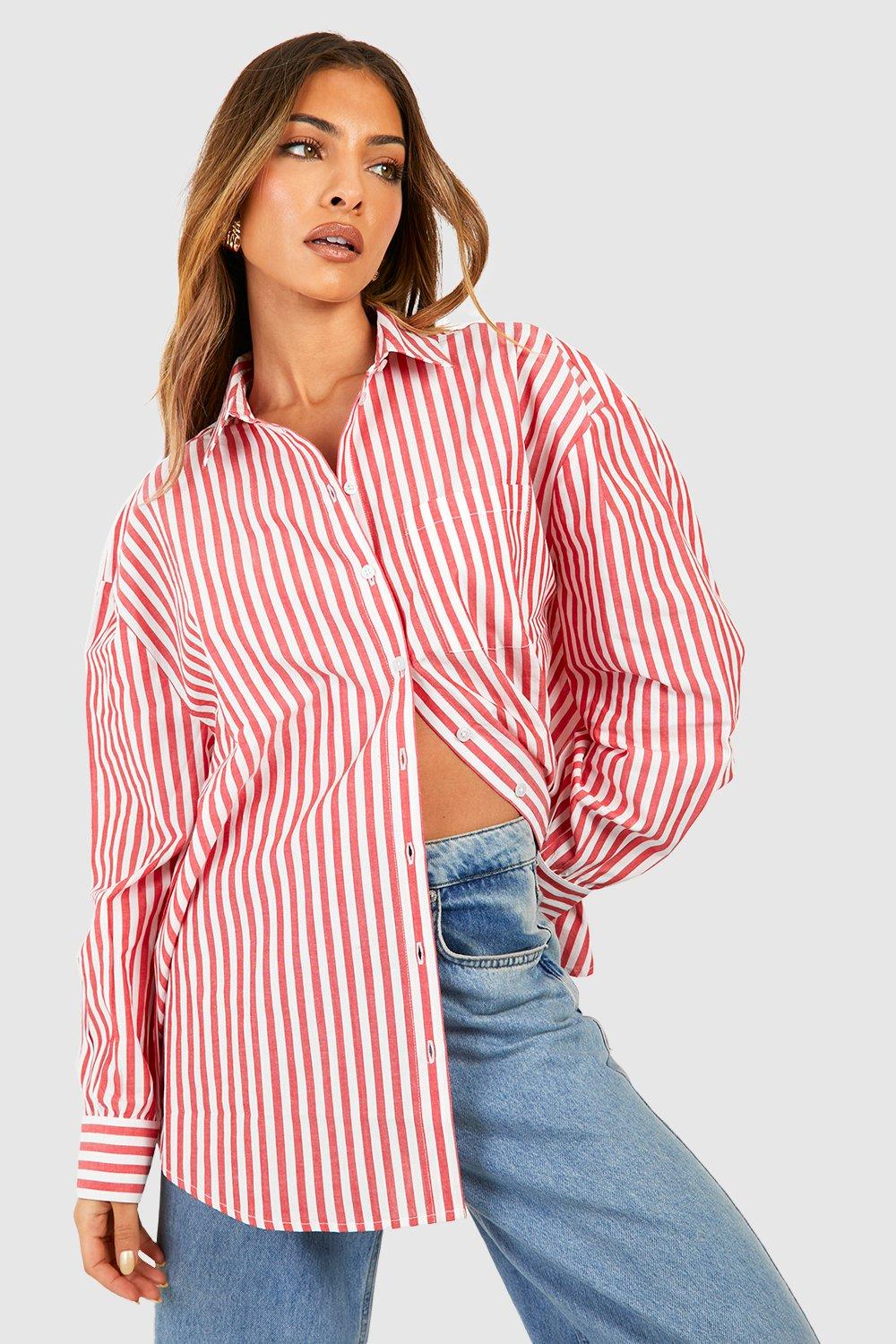 Image of Camicia oversize a righe verticali Candy, Rosso