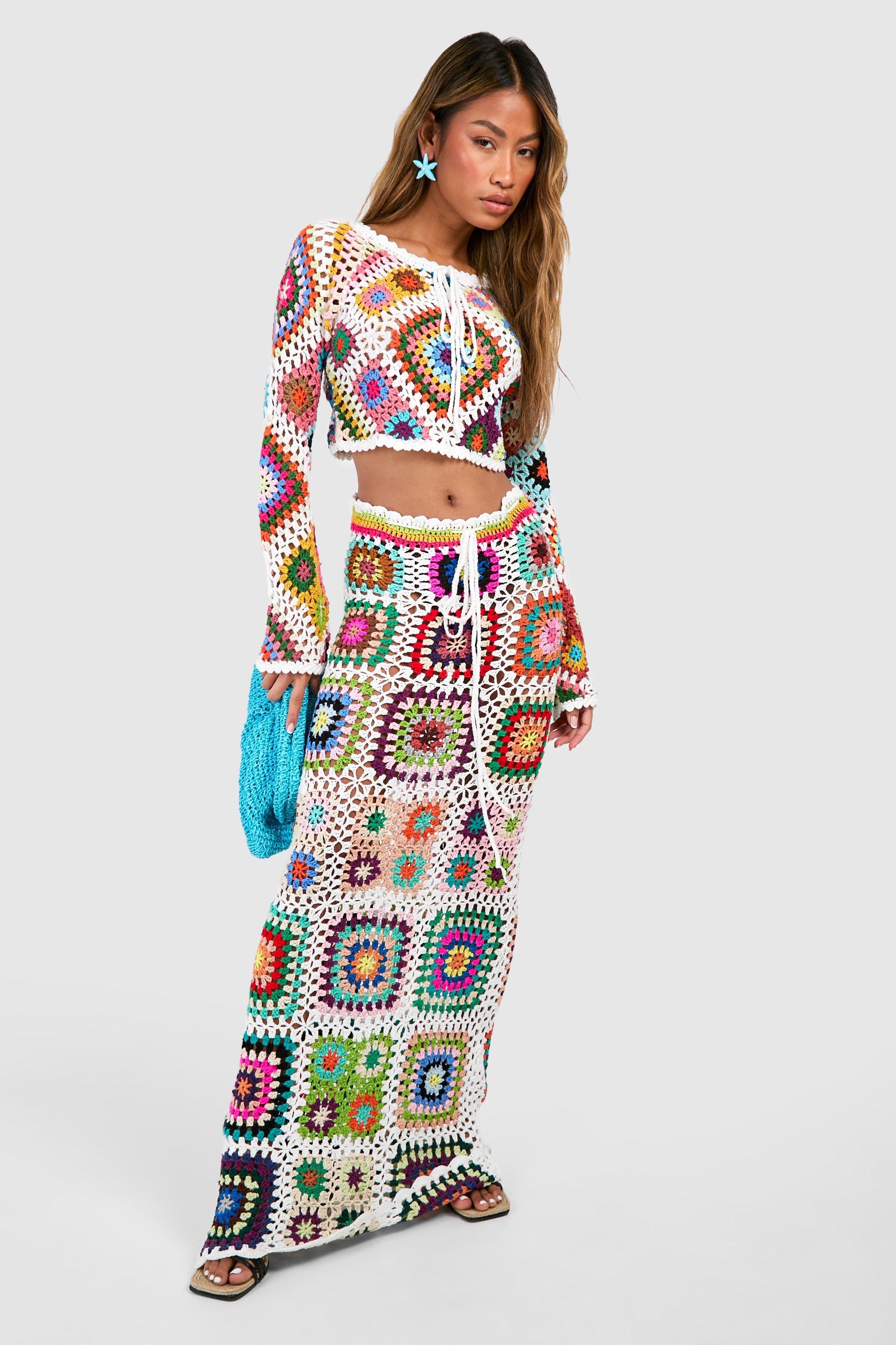 Premium Patchwork Crochet Maxi Skirt - White - M