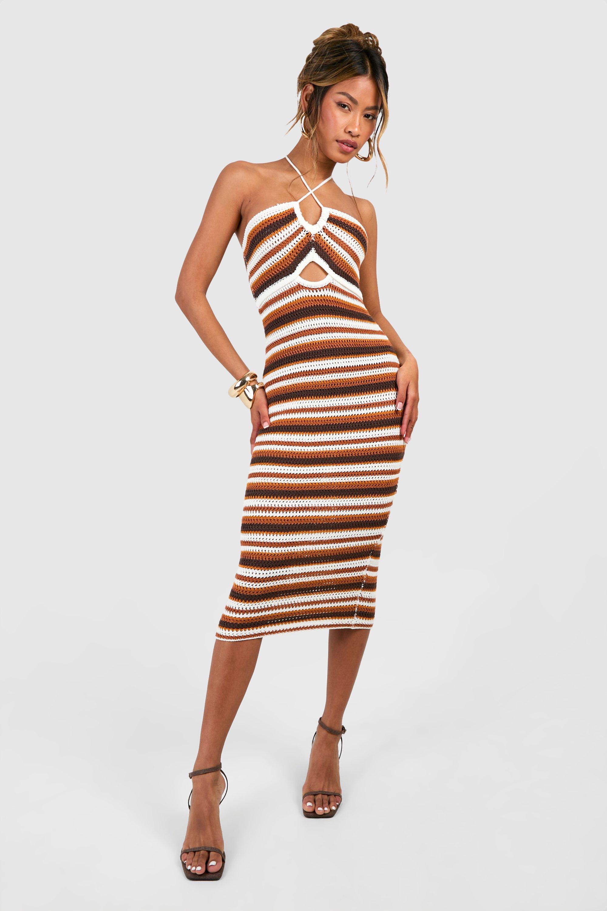 Tonal Stripe Crochet Halterneck Dress - Brown - M