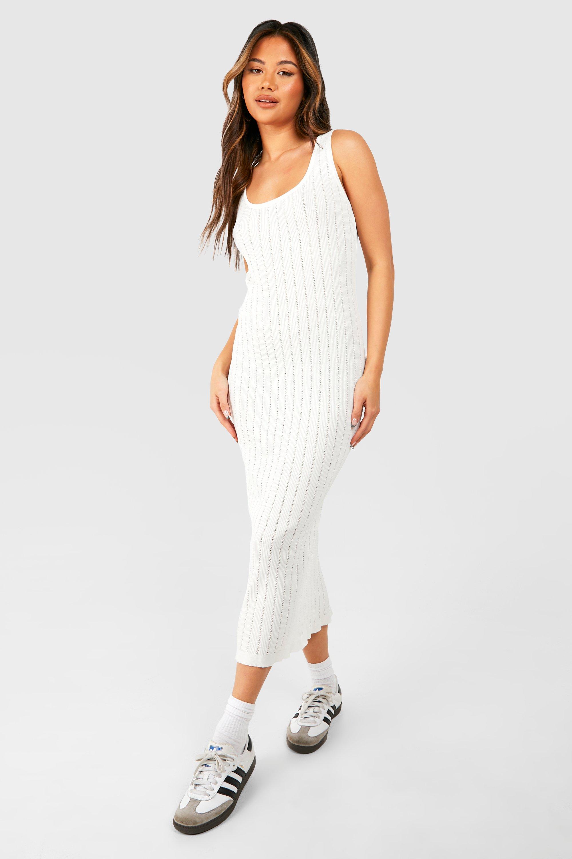 Boohoo Sheer Ladder Knitted Scoop Midaxi Dress, White