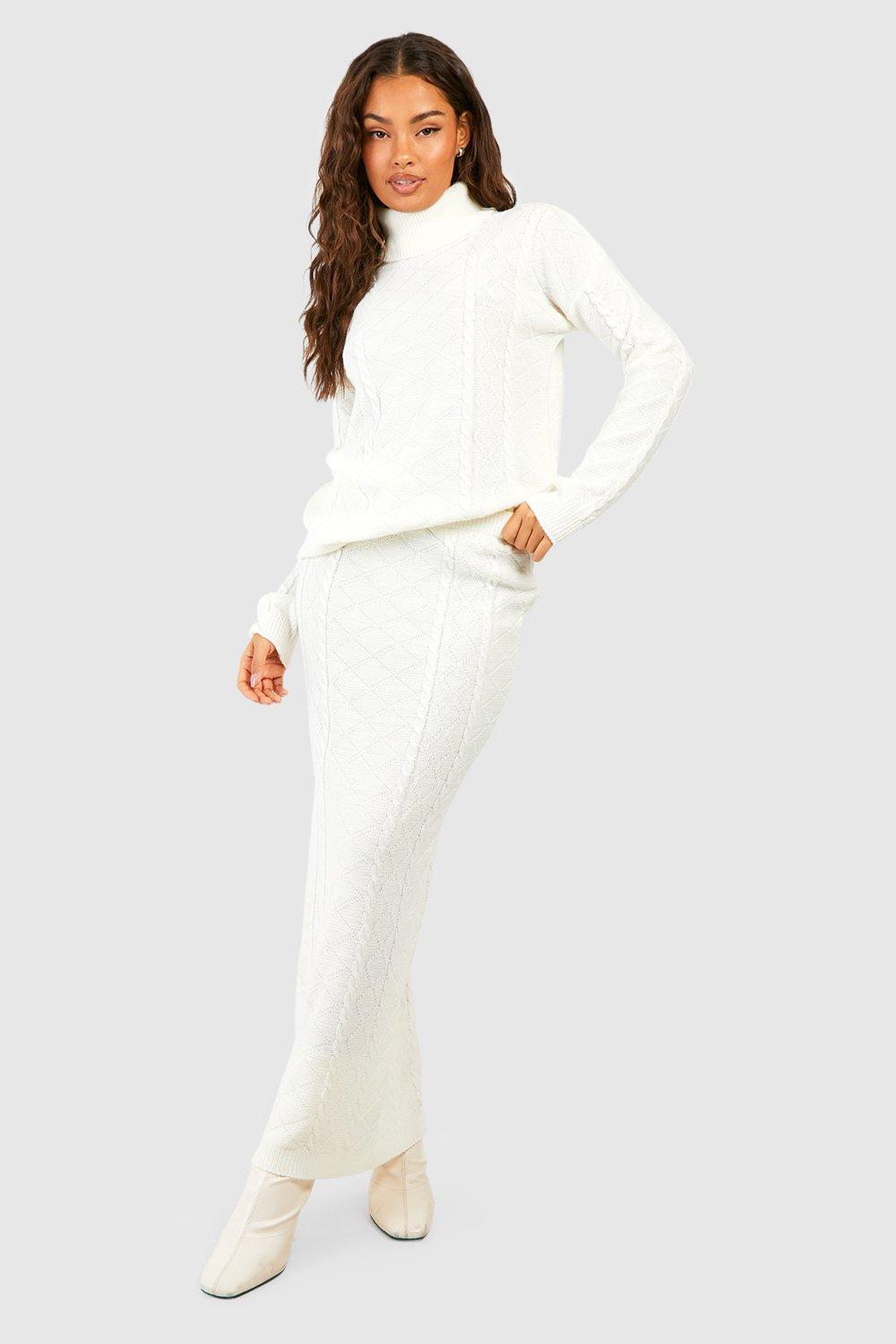 Image of Pullover in maglia intrecciata con collo alto & gonna maxi coordinata, Bianco
