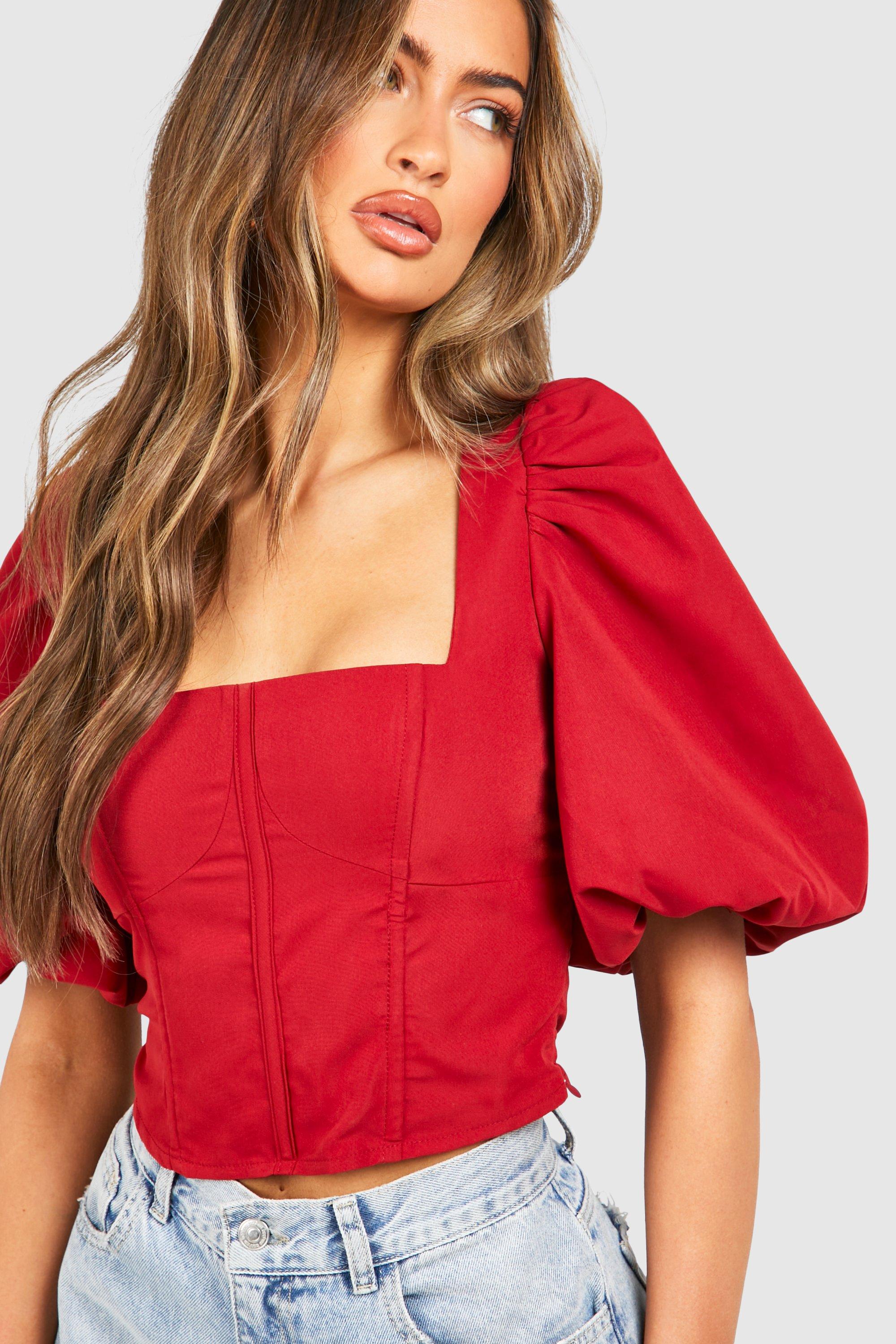 Puff Sleeve Square Neck Corset - Red - 14