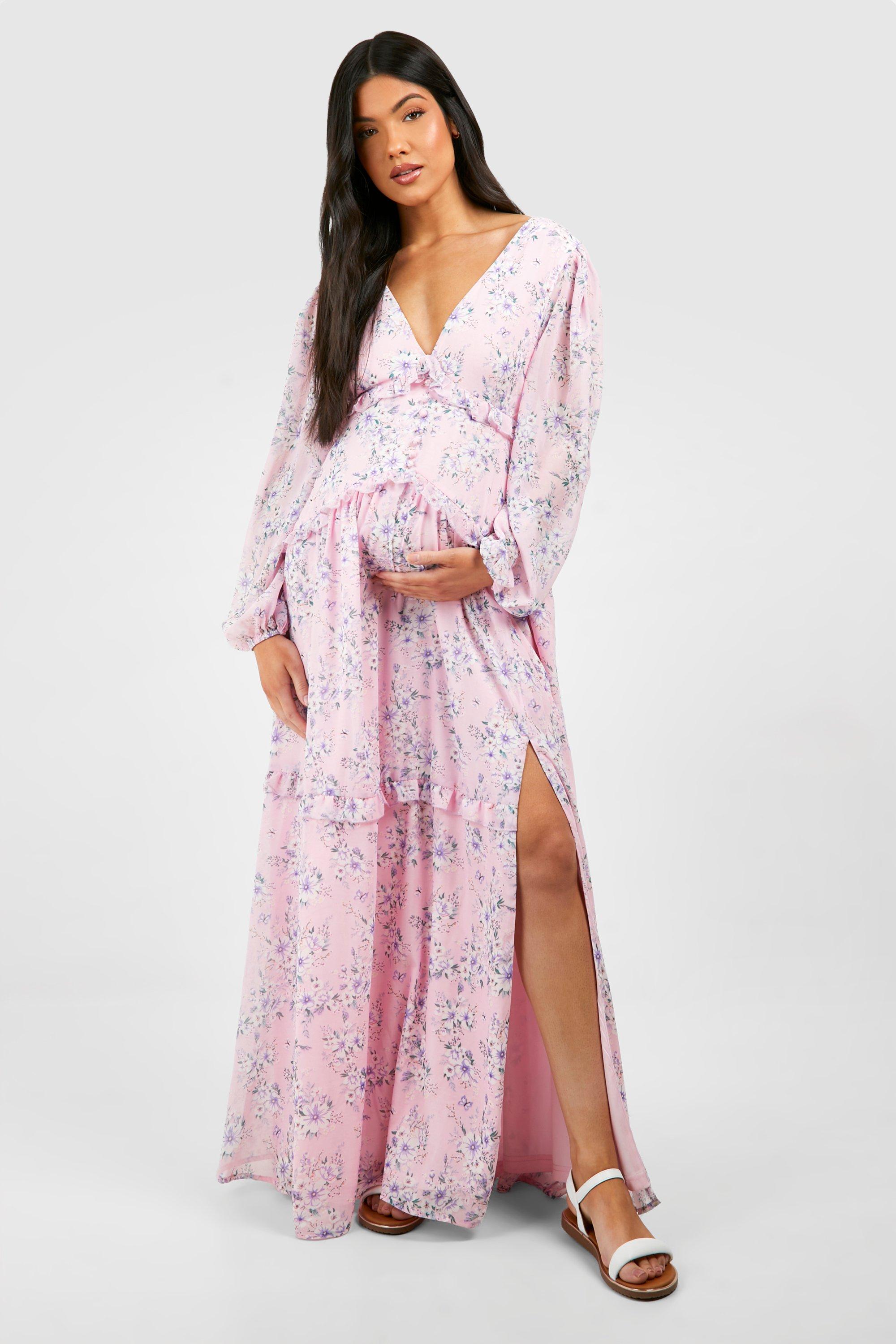 Maternity Floral Print Side Split Maxi Dress - Pink - 16