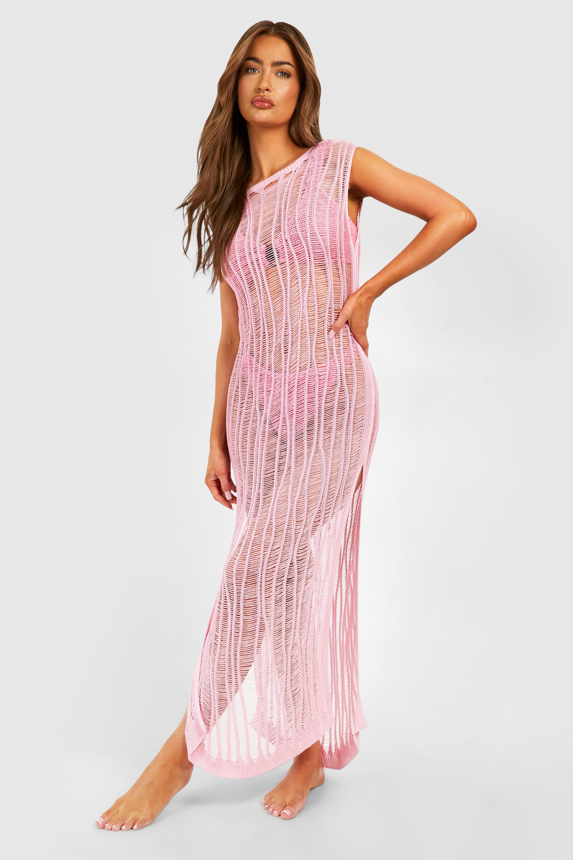 Image of Ladder Crochet Cover-up Beach Maxi Dress, Pink
