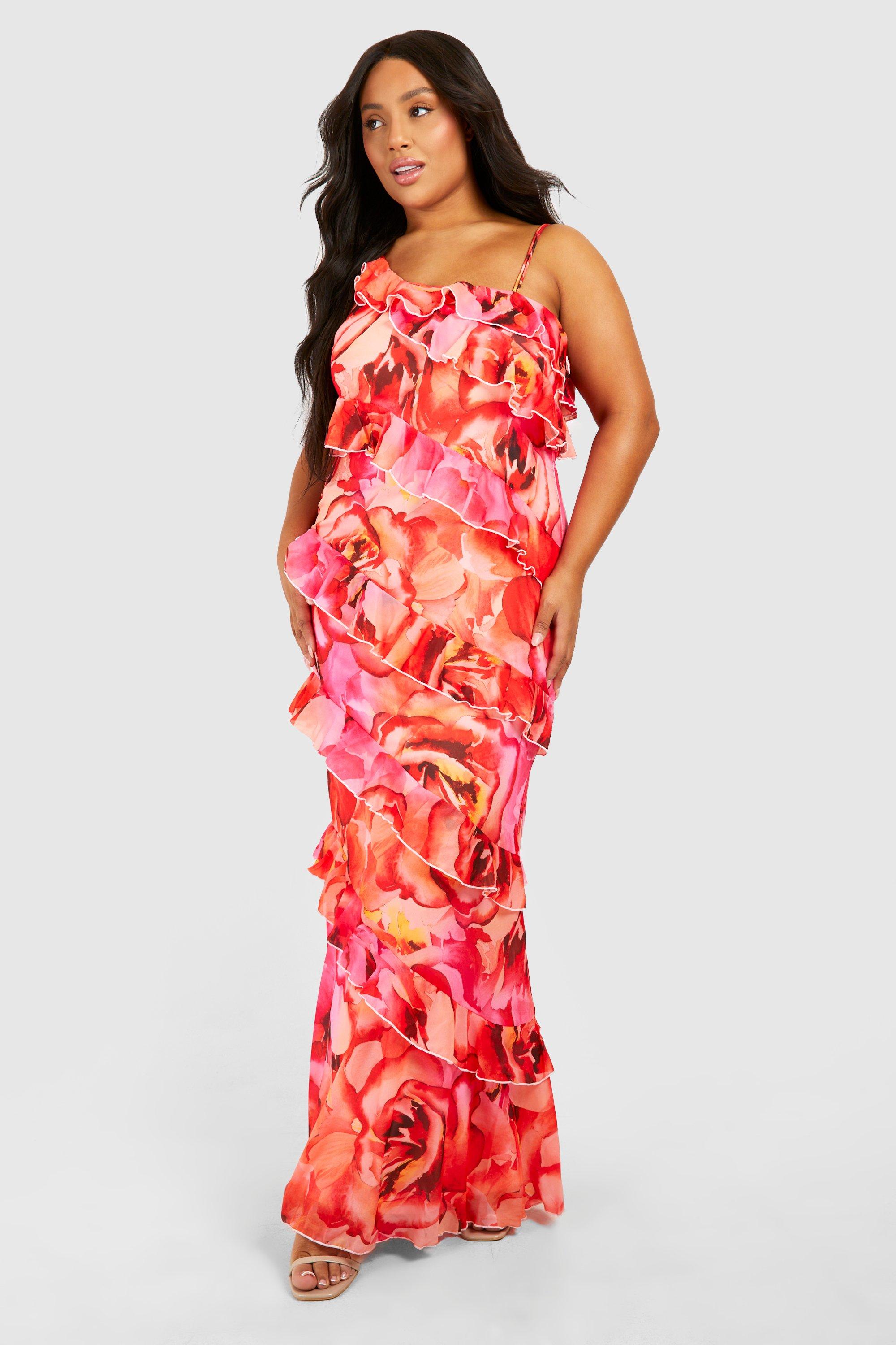 Image of Plus Floral Ruffle Asymmetric Maxi Dress, Pink