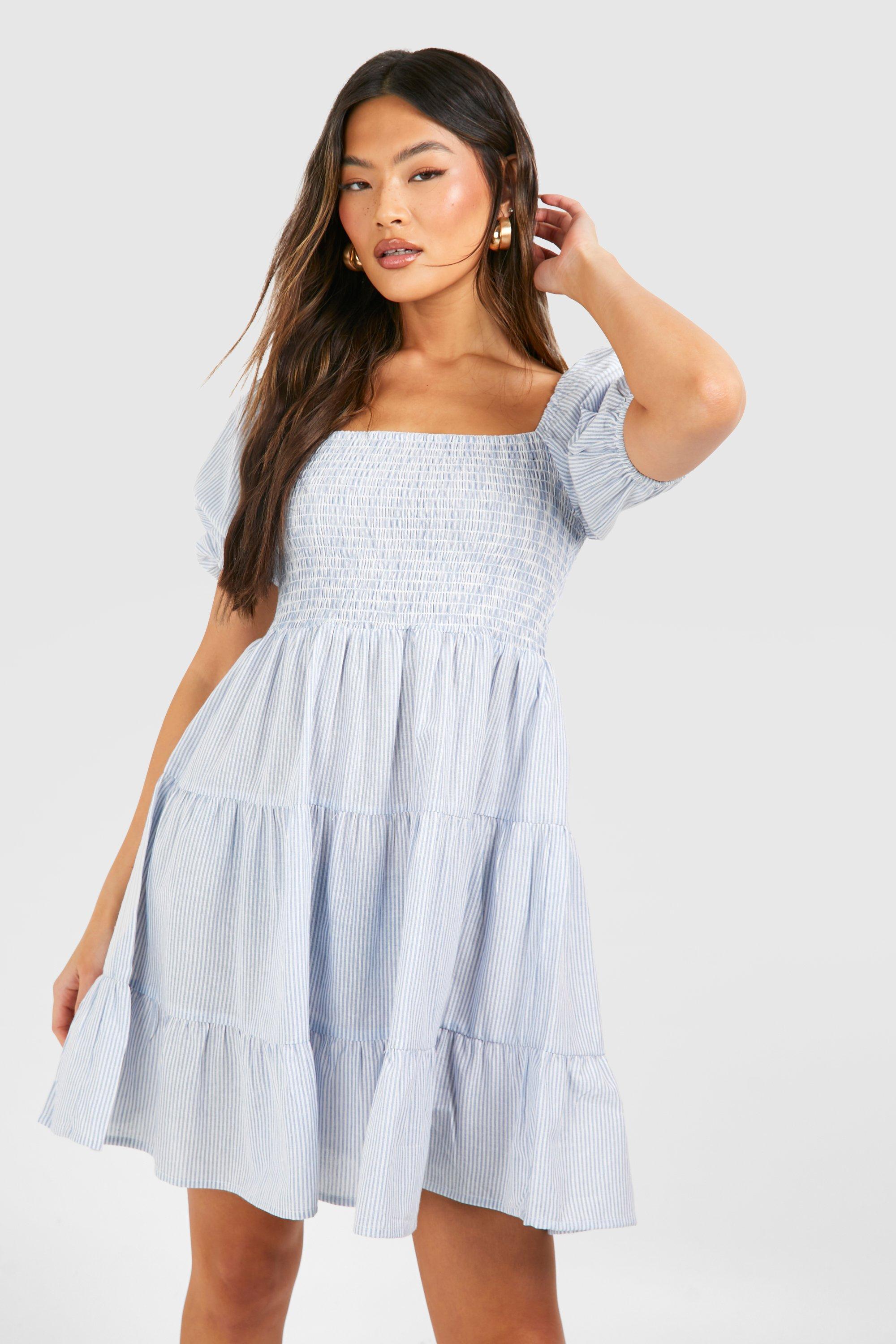 Linen Long Sleeve Mini Dress - Blue - 14
