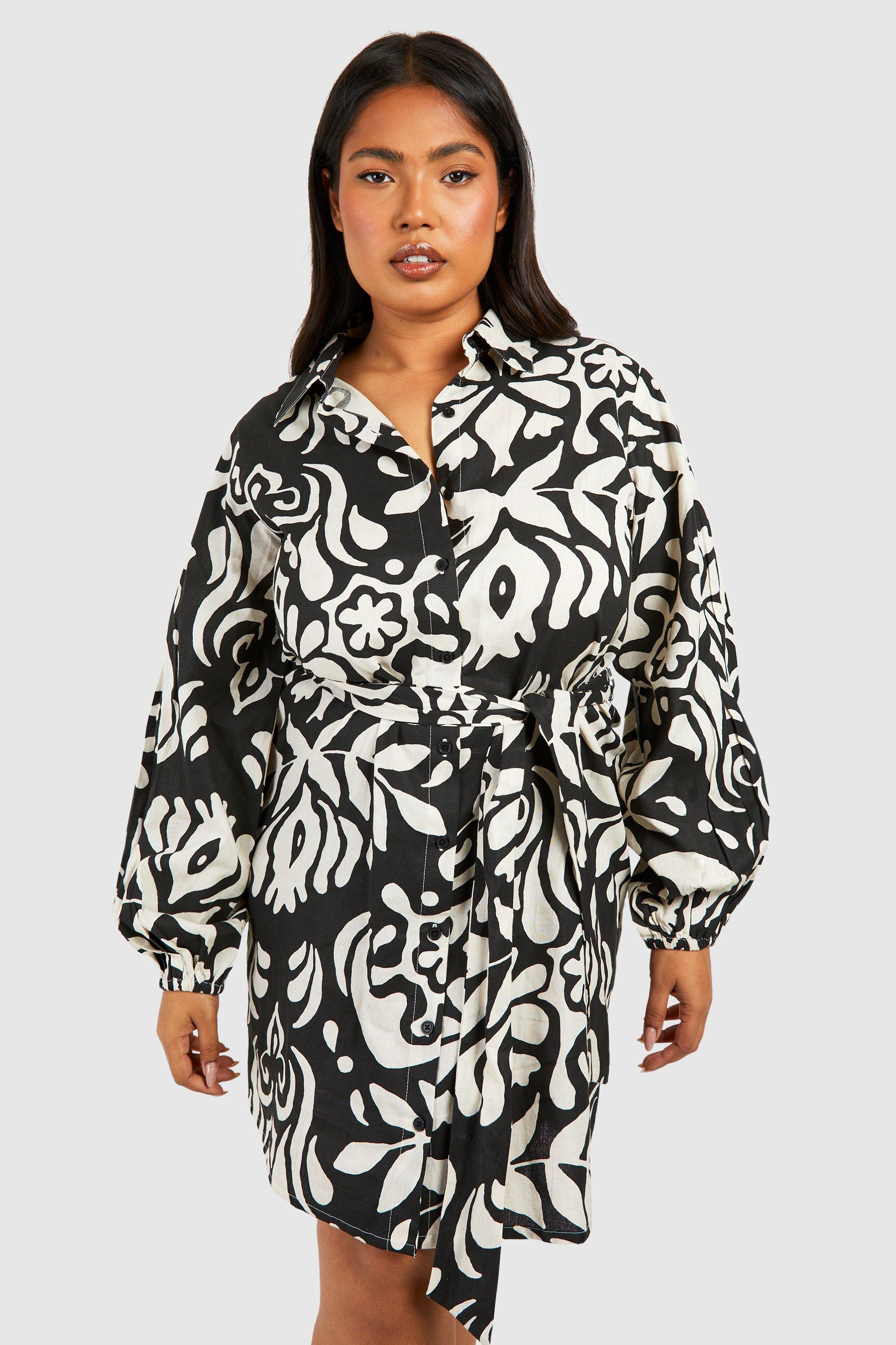 Image of Plus Linen Feel Abstract Print Belted Shirt Dress, Mono
