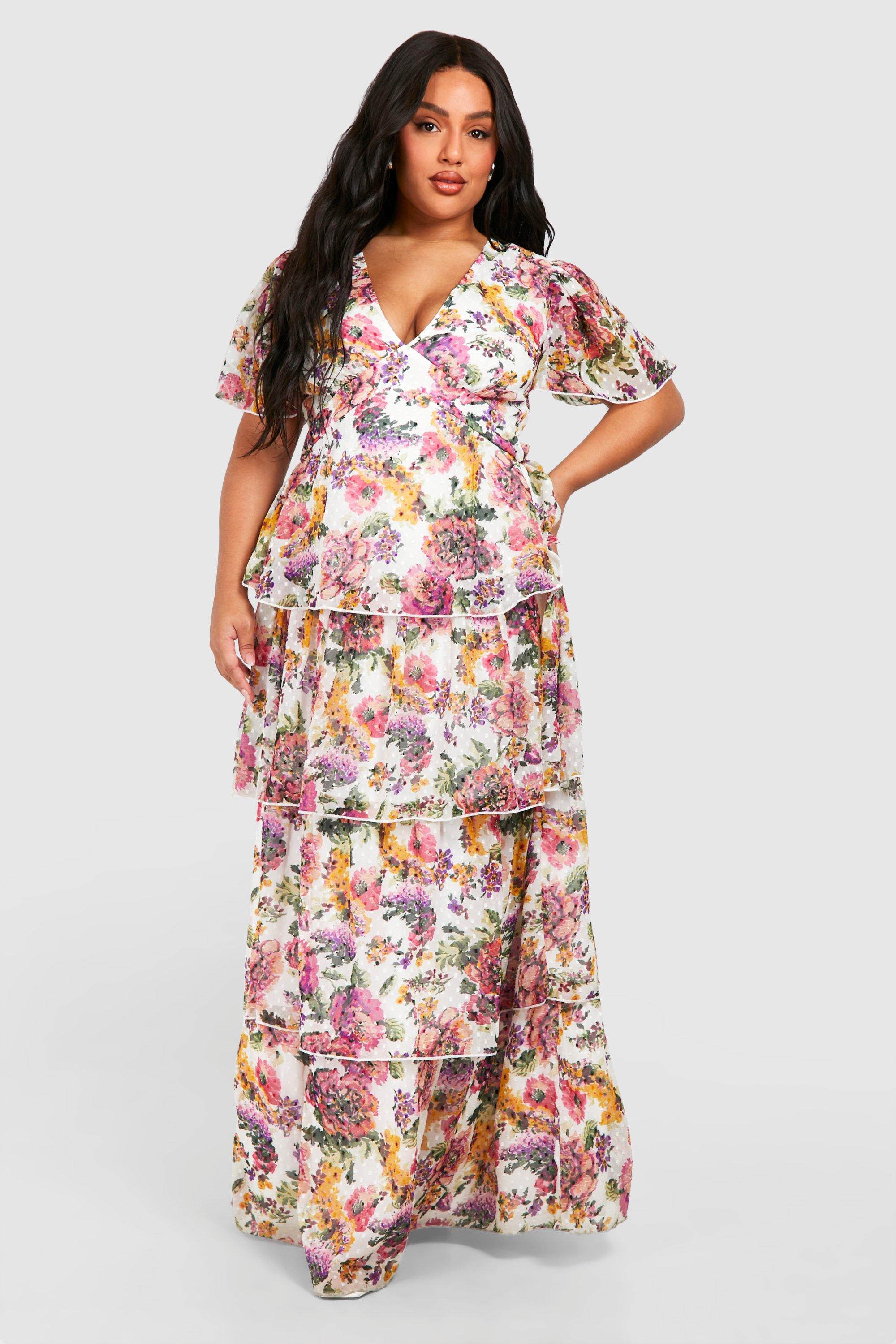 Image of Plus Woven Floral Print Angel Sleeve Tiered Maxi Dress, Pink