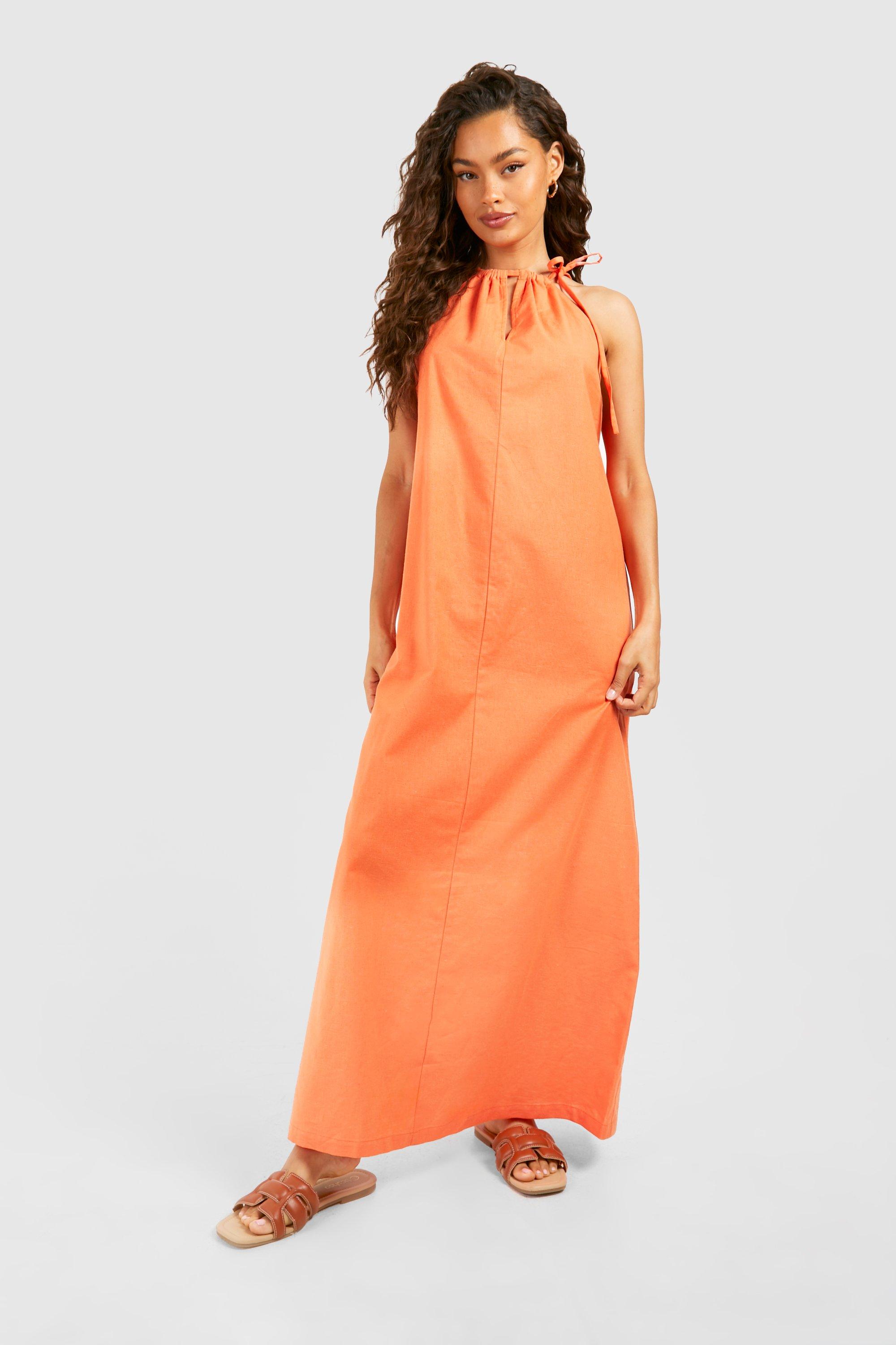 Linen Strappy Maxi Dress - Orange - 18