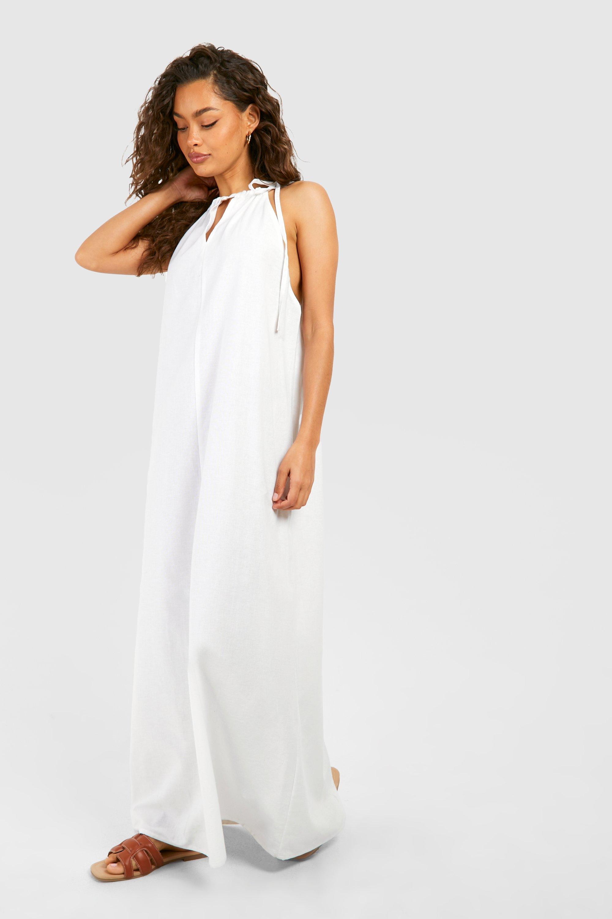Linen Strappy Maxi Dress - White - 18
