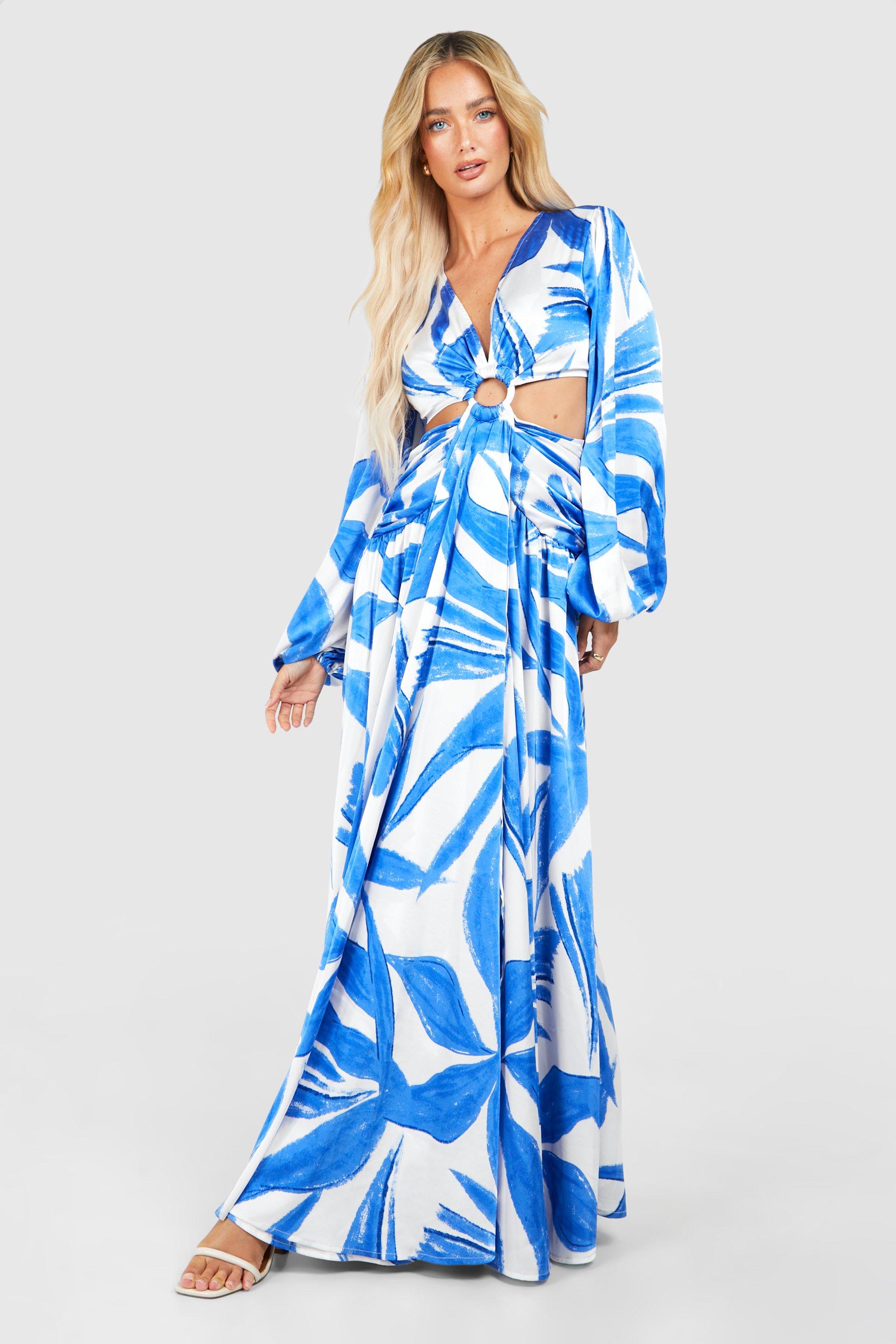 Image of Abstract Print Cut Out Ring Detail Maxi Dress, Azzurro