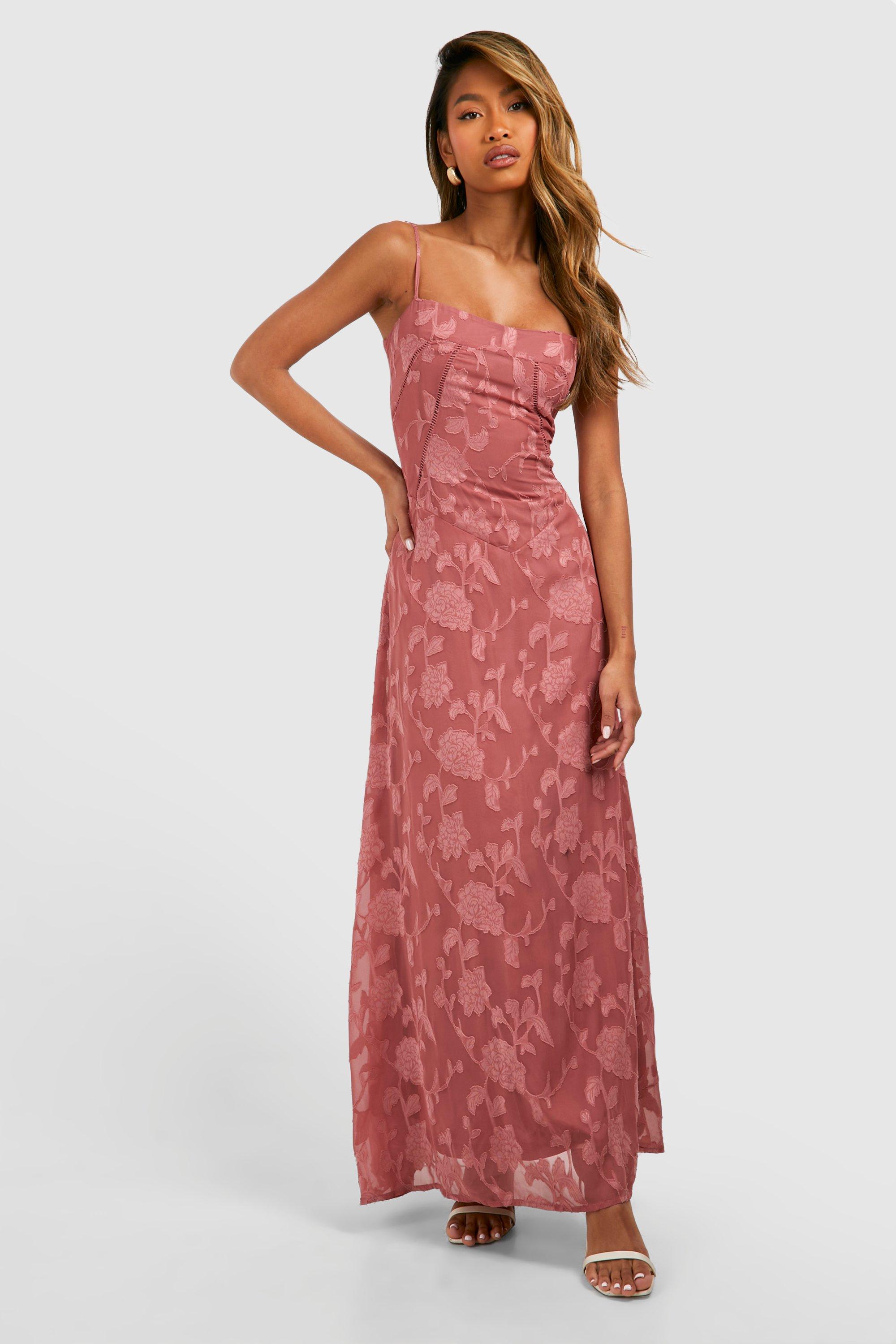 Floral Textured Panelled Maxi Dress - Pink - 16