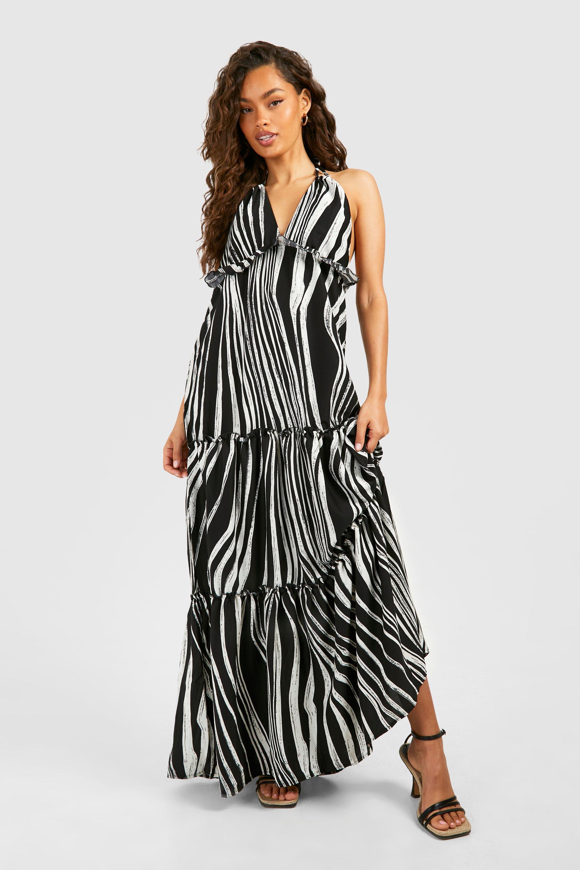 Image of Abstract Print Halterneck Tiered Maxi Dress, Nero