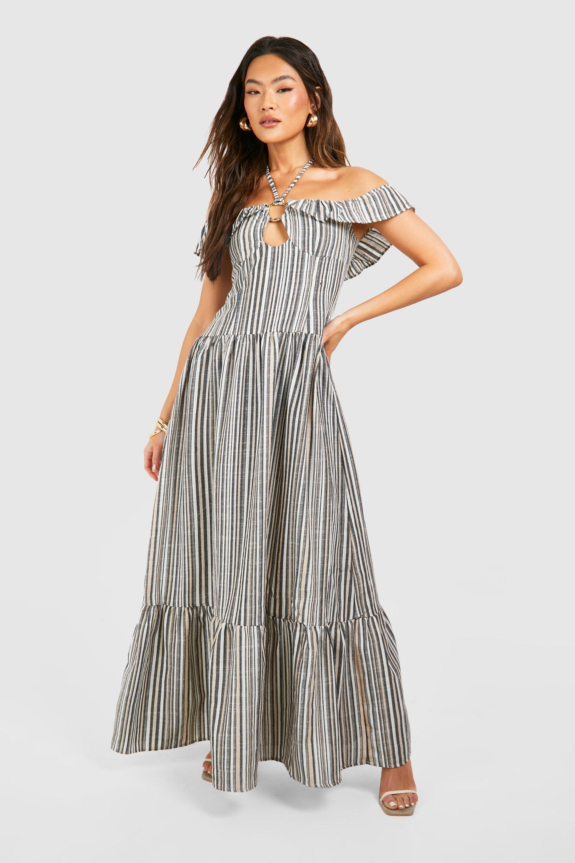 Boohoo Stripe Halterneck Tiered Maxi Dress, Navy