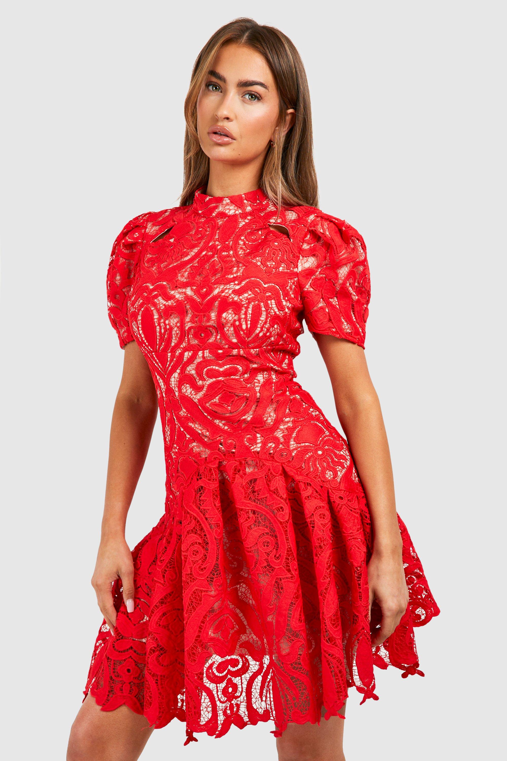 Image of Premium Crochet Lace Puff Sleeve Mini Dress, Rosso