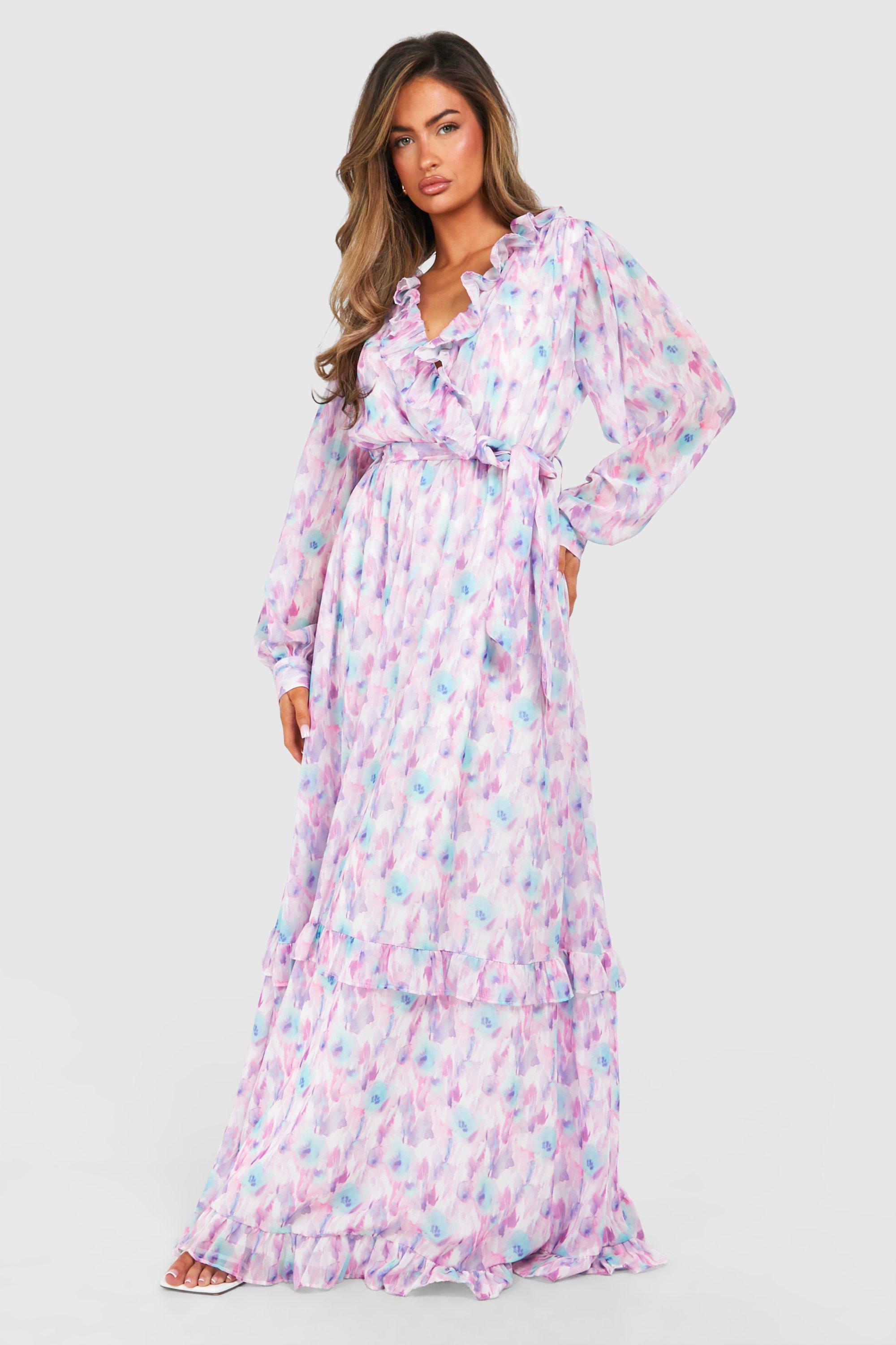 Image of Blurred Floral Print Ruffle Detail Maxi Dress, Purple