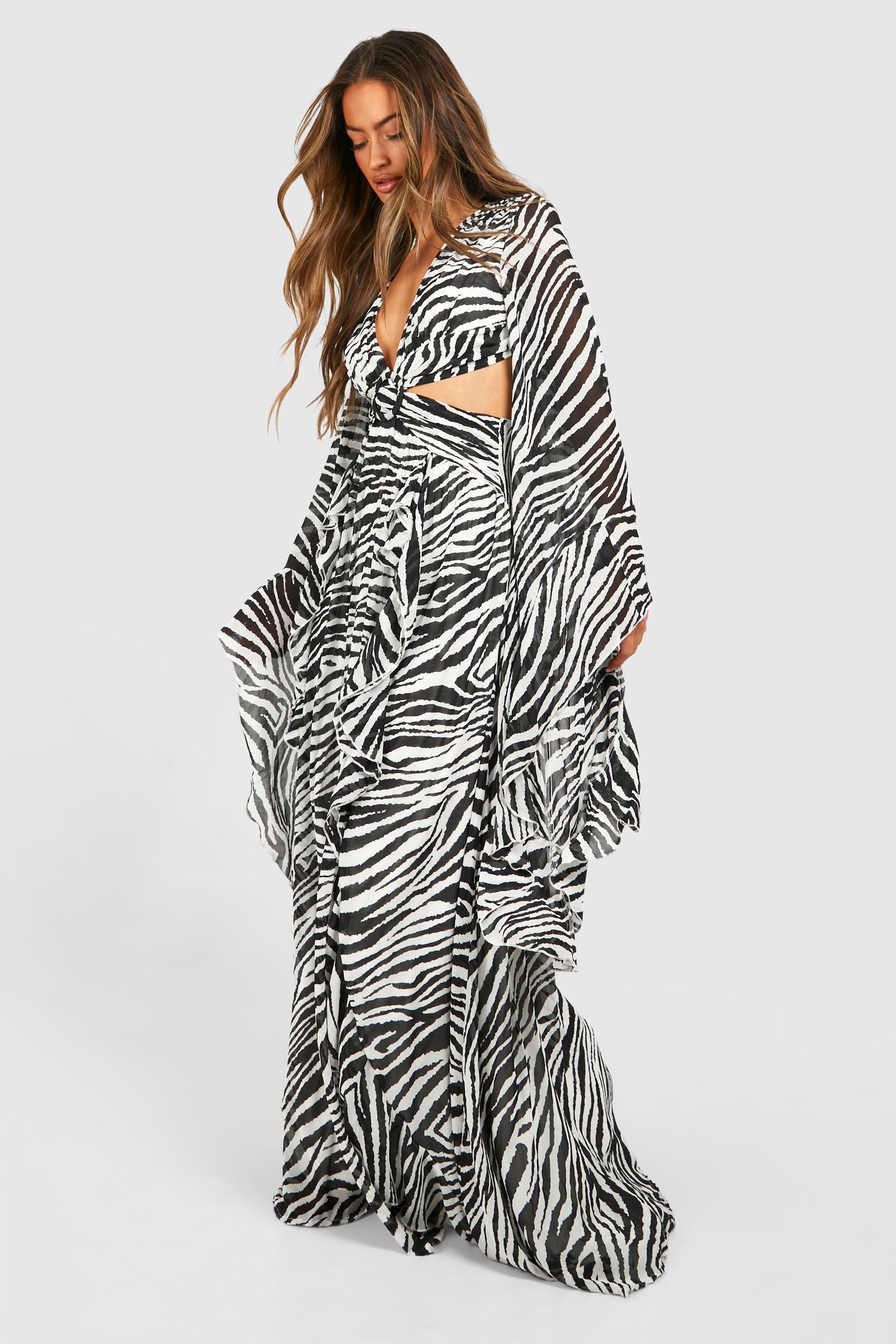 Image of Zebra Chiffon Print Cut Out Maxi Dress, Nero