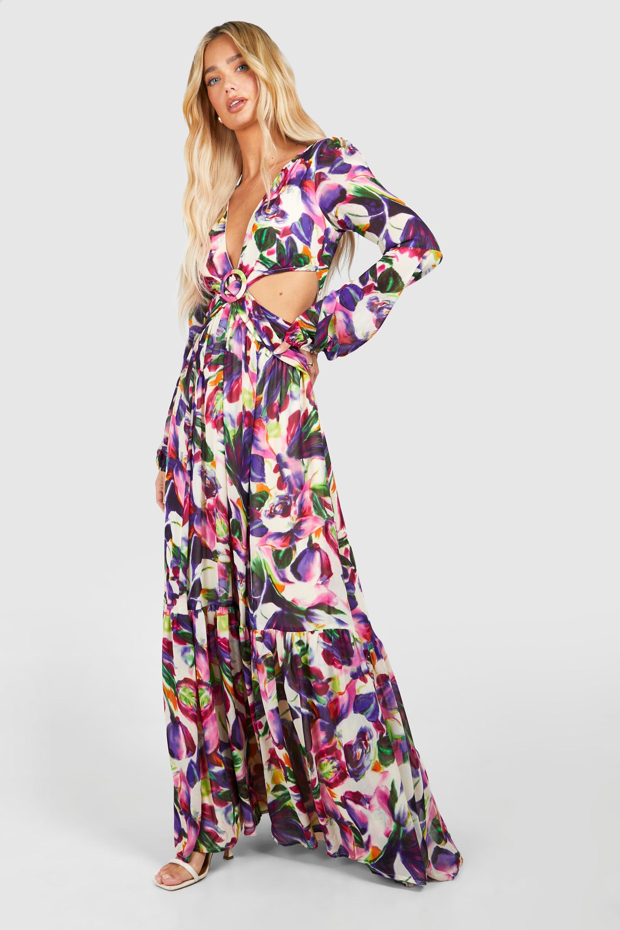 Image of Floral Print Cut Out Maxi Dress, Multi