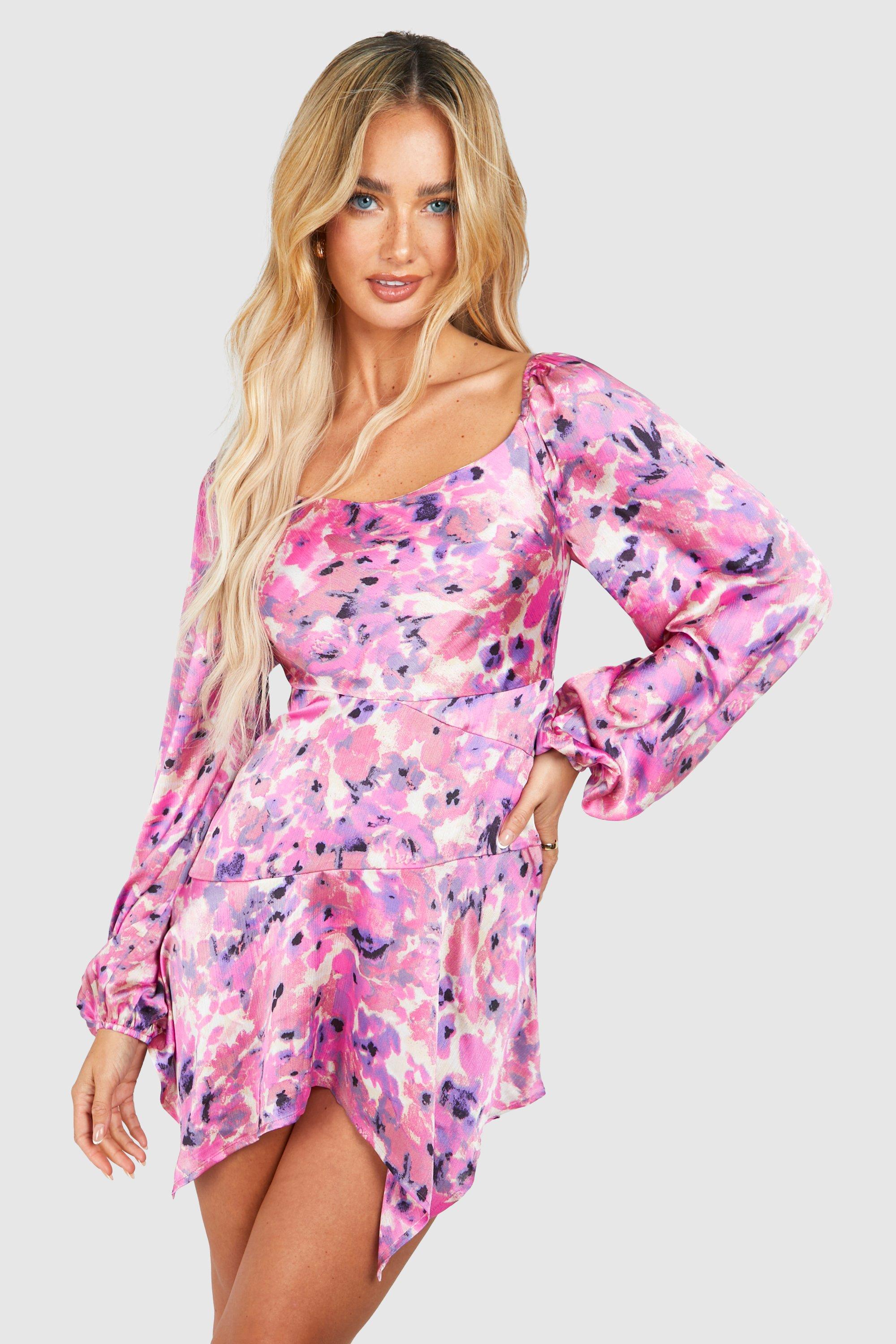 Image of Floral Puff Sleeve Mini Dress, Pink