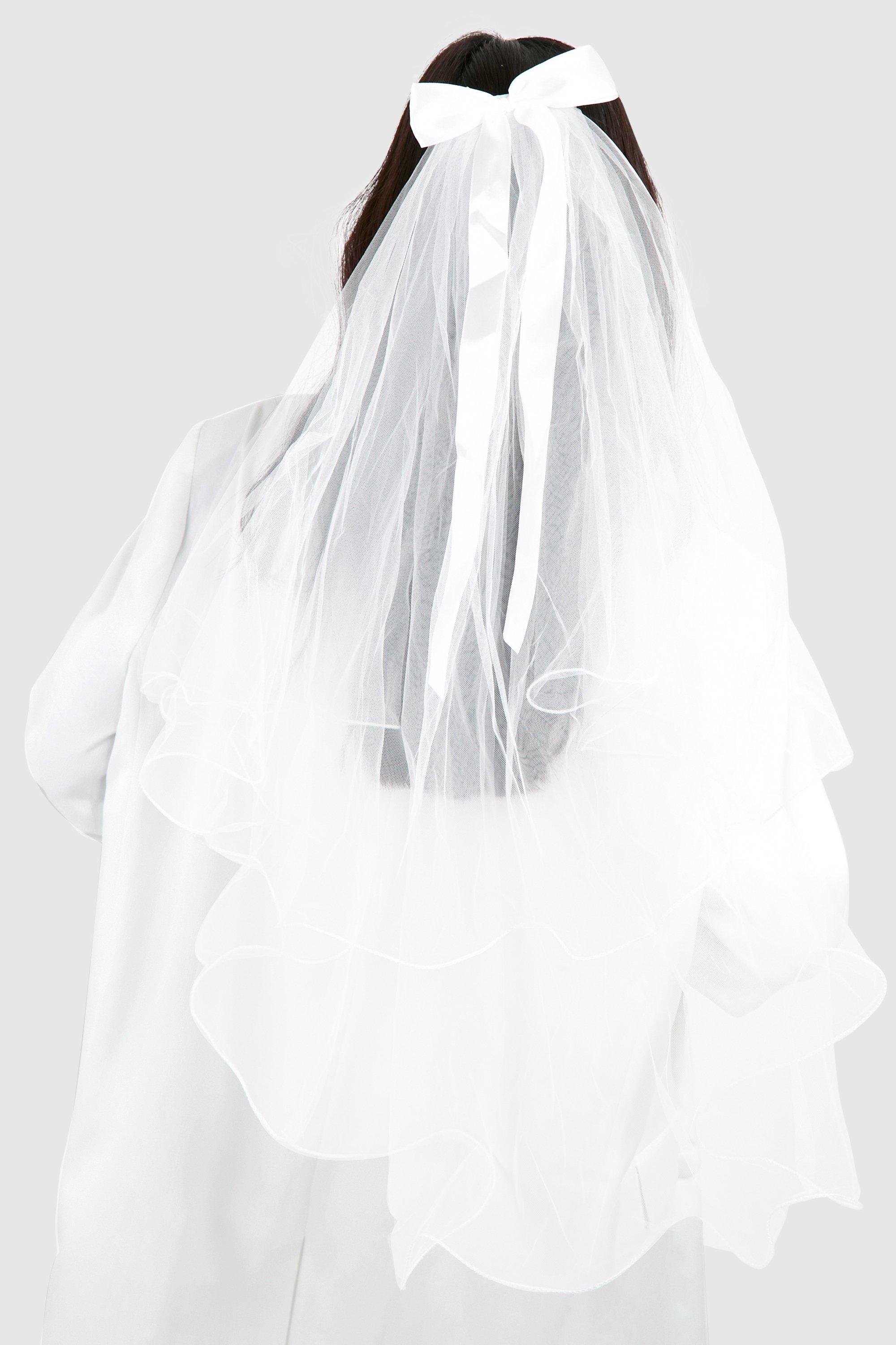 Image of Bow Bridal Veil Hair Clip, Bianco