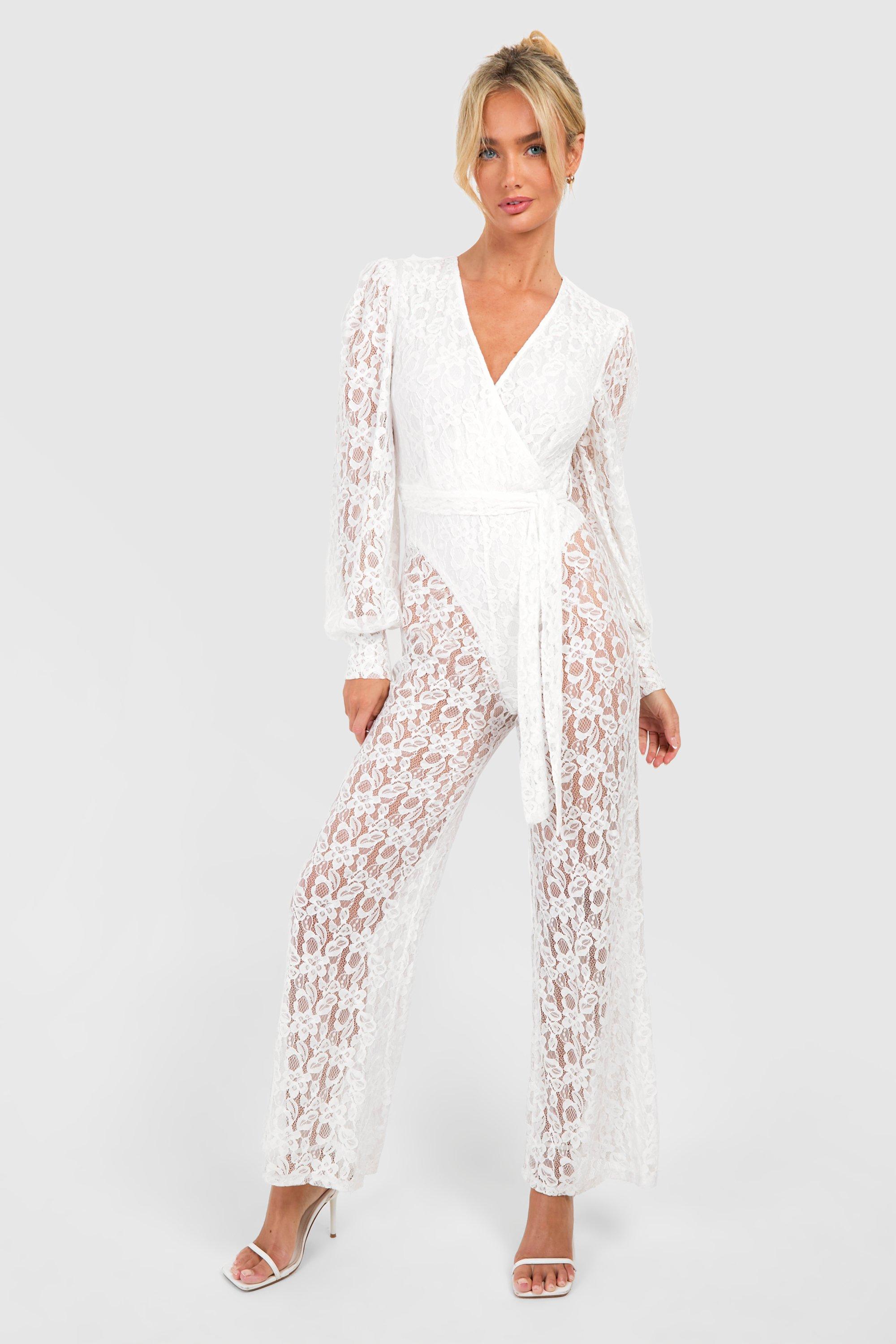 Lace Long Sleeve Jumpsuit - White - 16