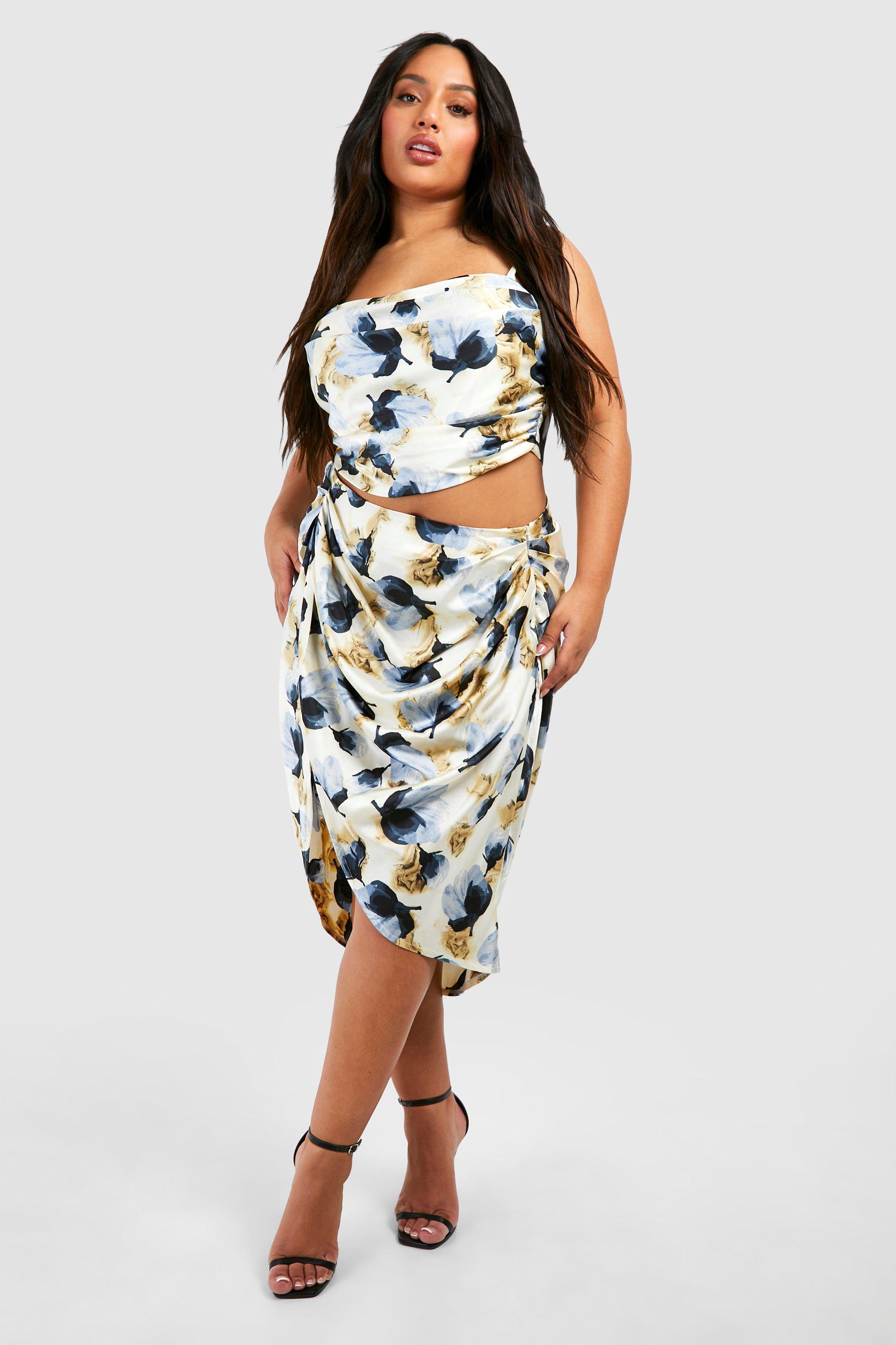 Image of Plus Woven Printed Ruched Front And Back Midi Skirt, Azzurro