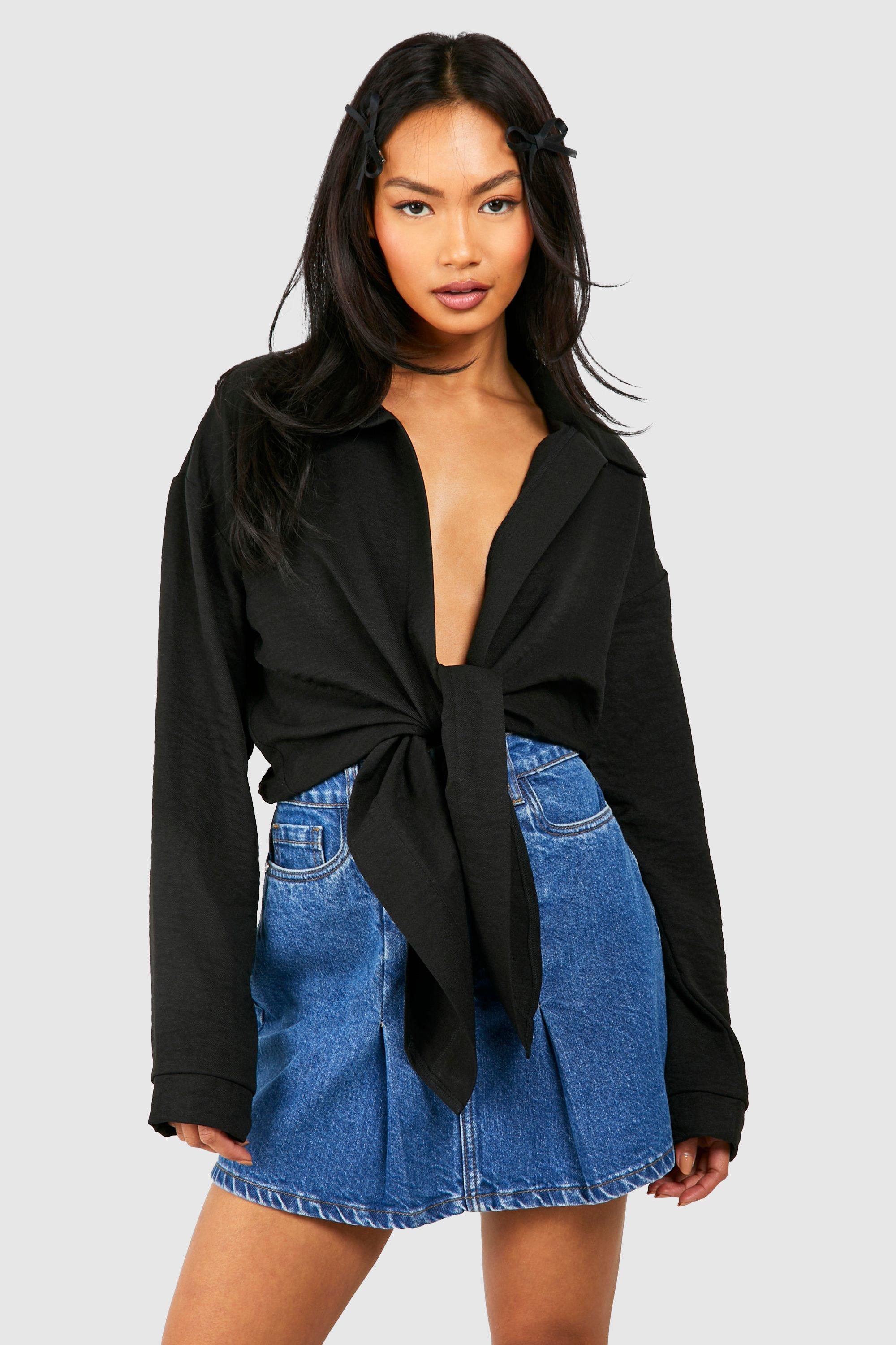 Image of Linen Knot Front Long Sleeve Blouse, Nero