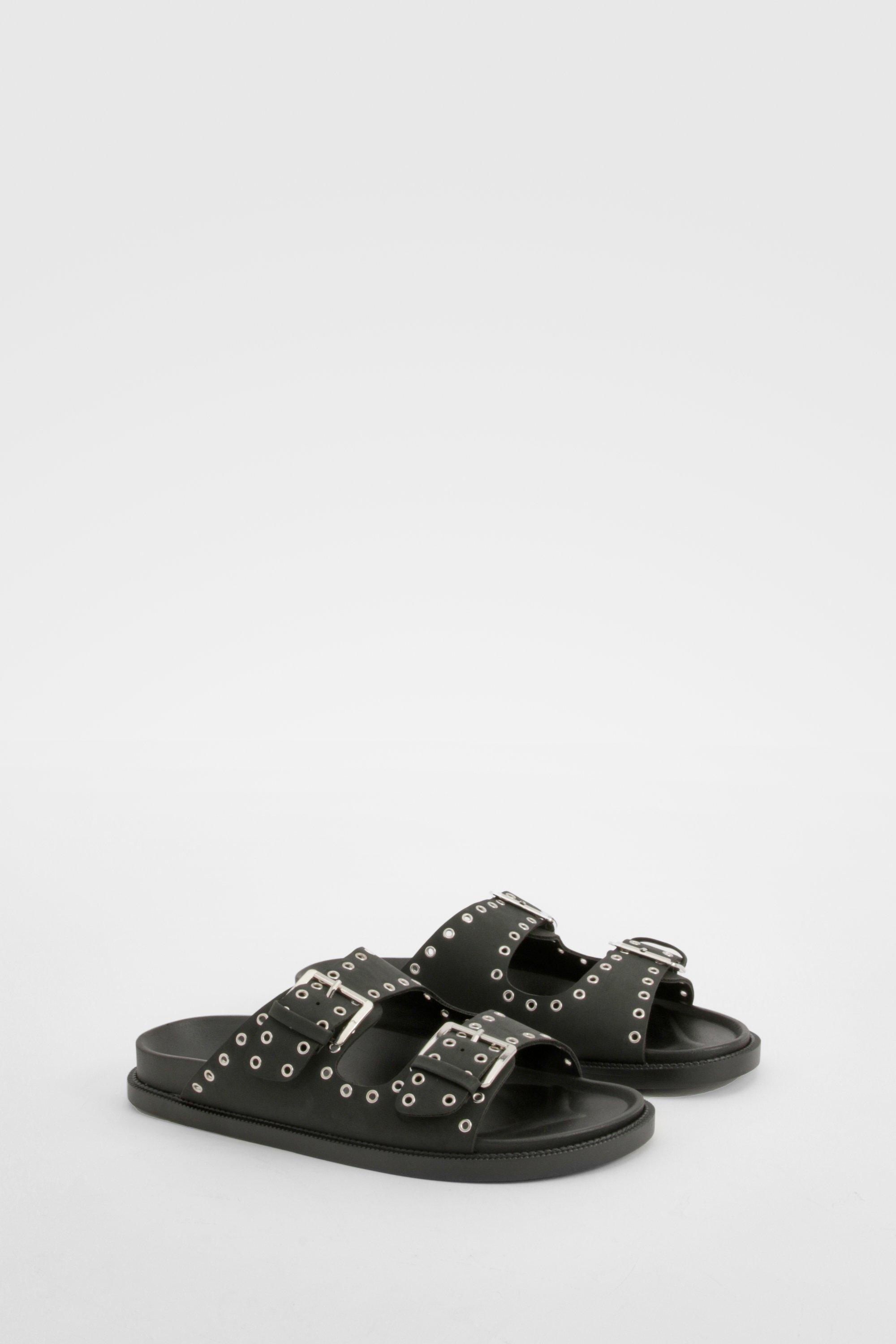 Image of Wide Fit Stud Detail Double Strap Buckle Sliders, Nero