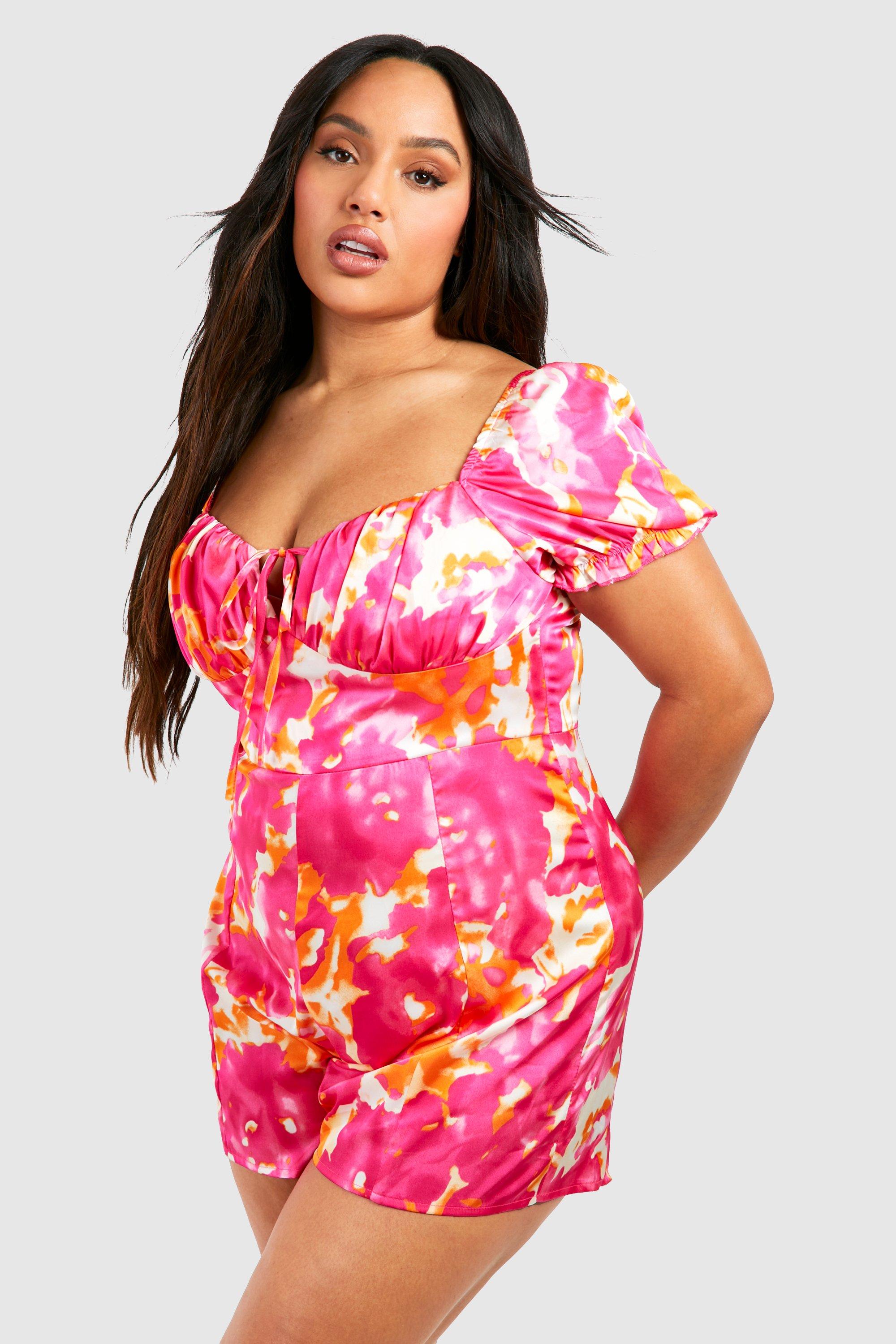 Image of Plus Floral Print Ruched Sweetheart Playsuit, Pink