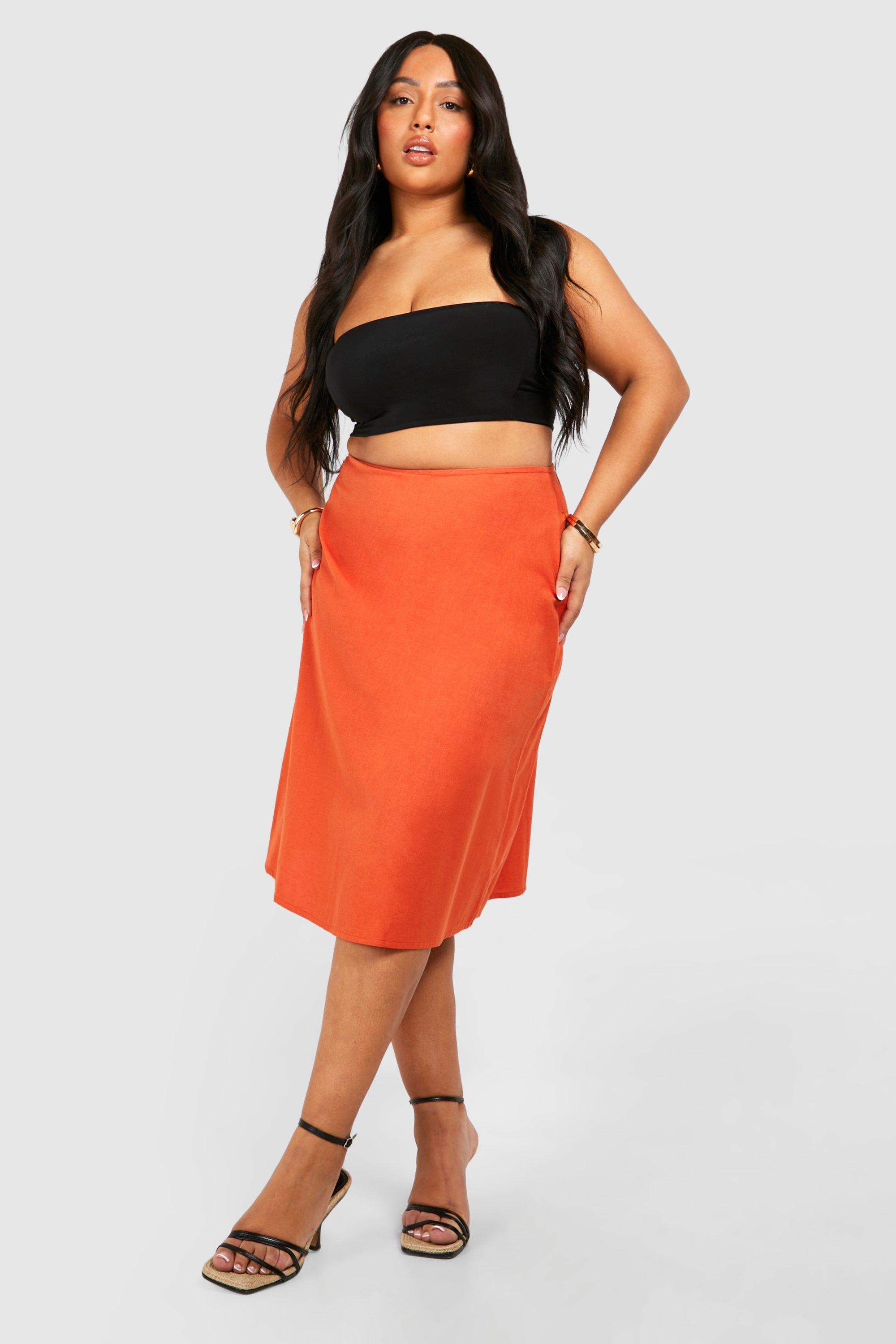 Plus Linen Midi Skirt - Orange - 20