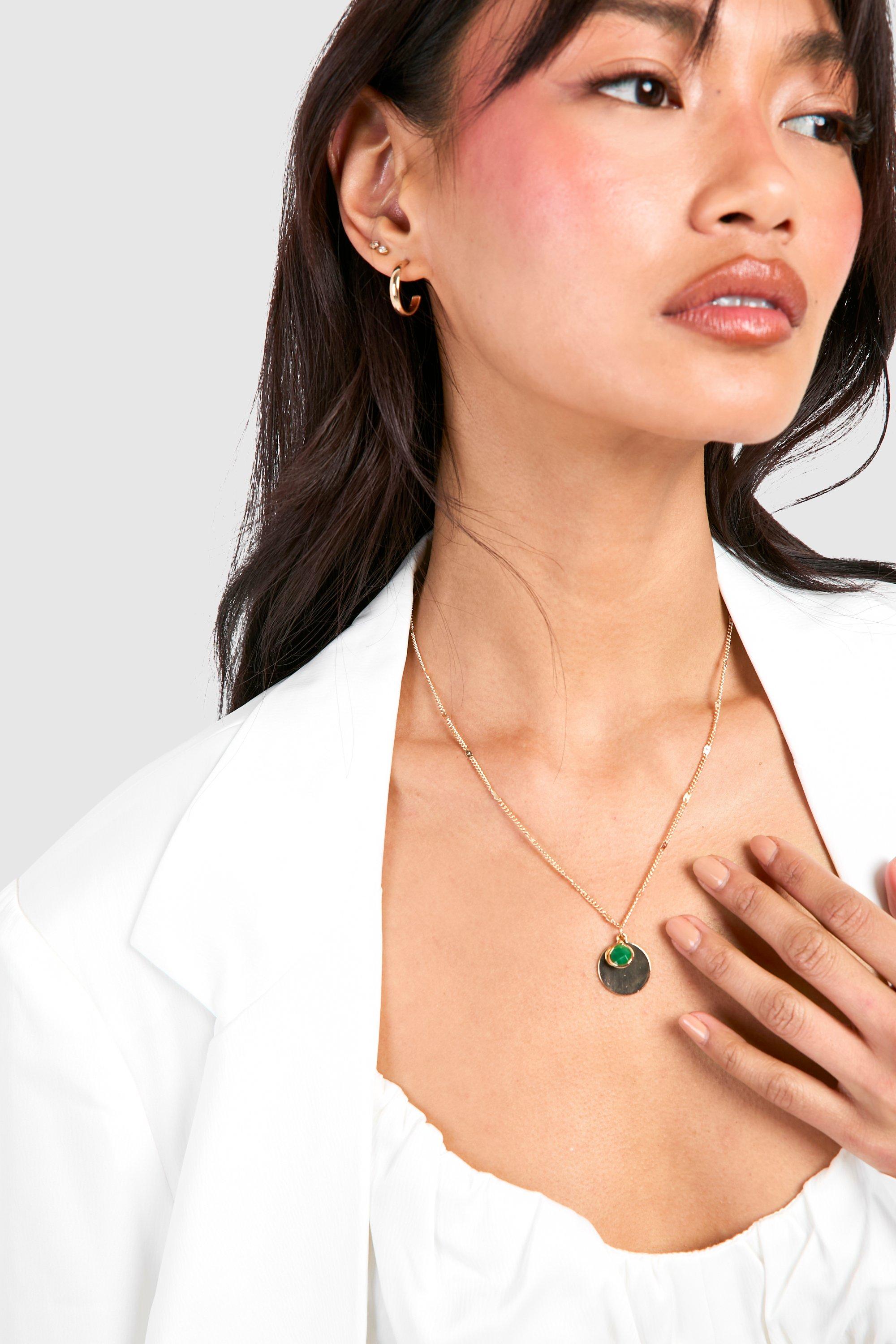Image of Green Stone Hoops And Necklace Set, Metallics