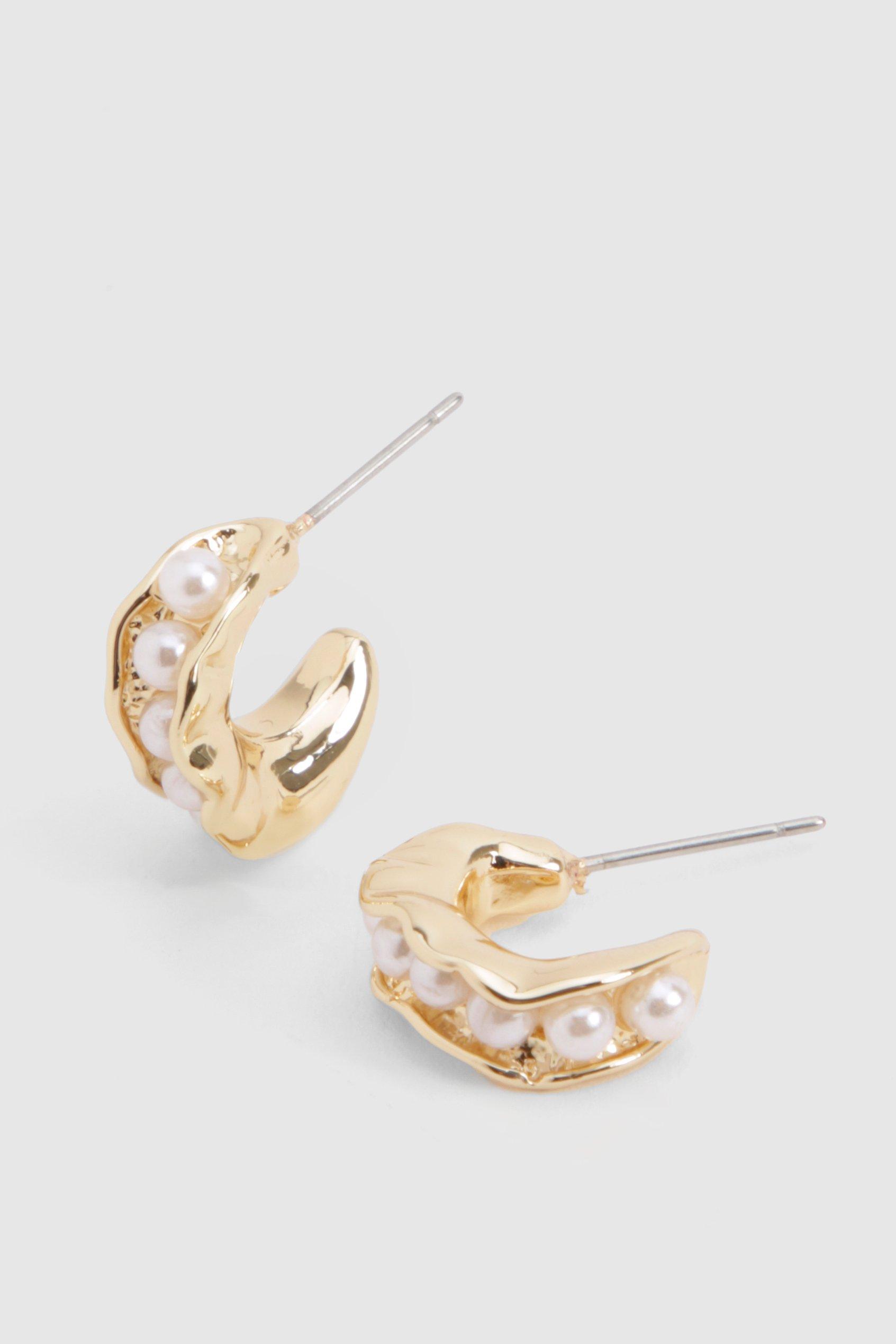 Image of Pearl Hammered Hoop Earrings, Metallics