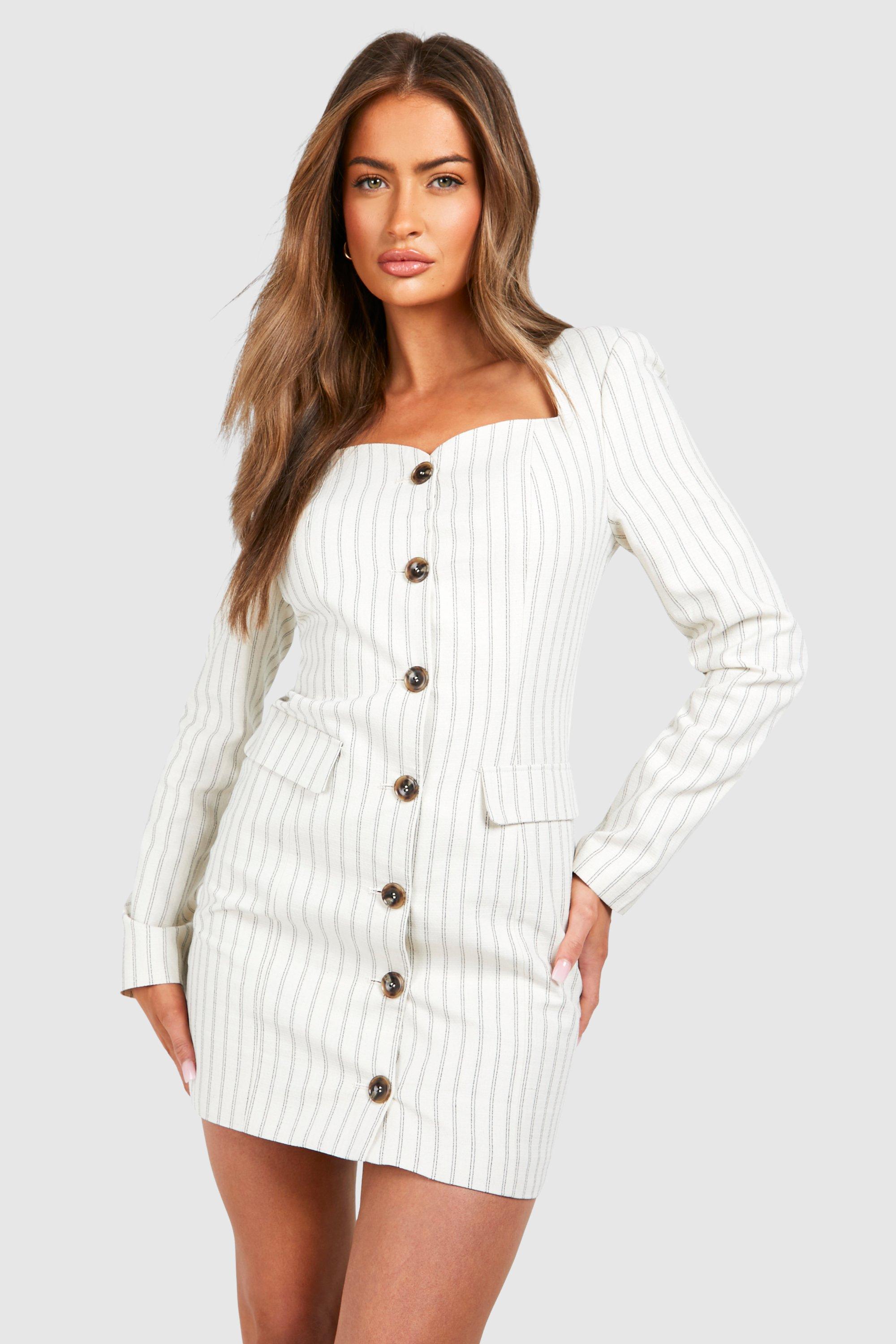Linen Look Mono Stripe Square Neck Mini Dress - White - 16
