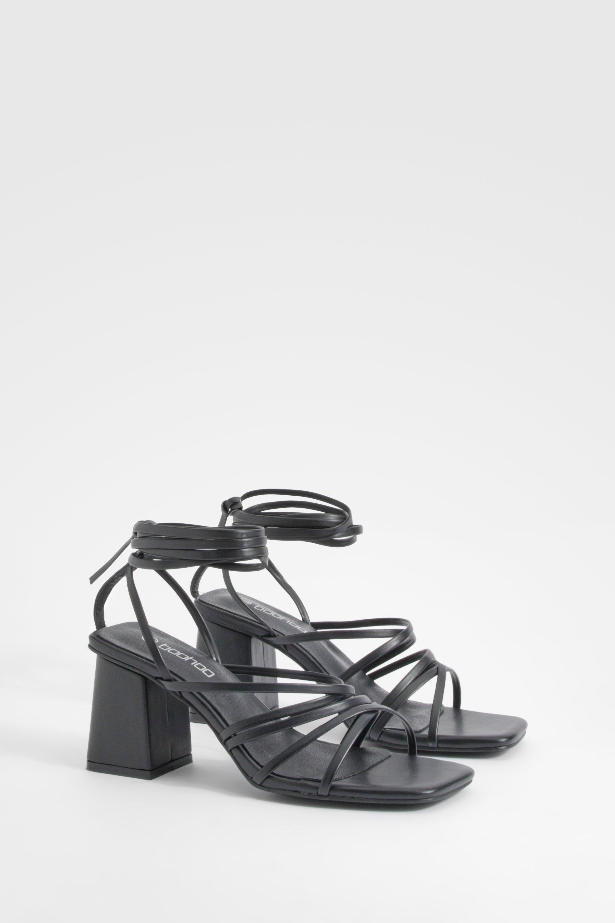 Image of Low Block Strappy Tie Up Sandals, Nero