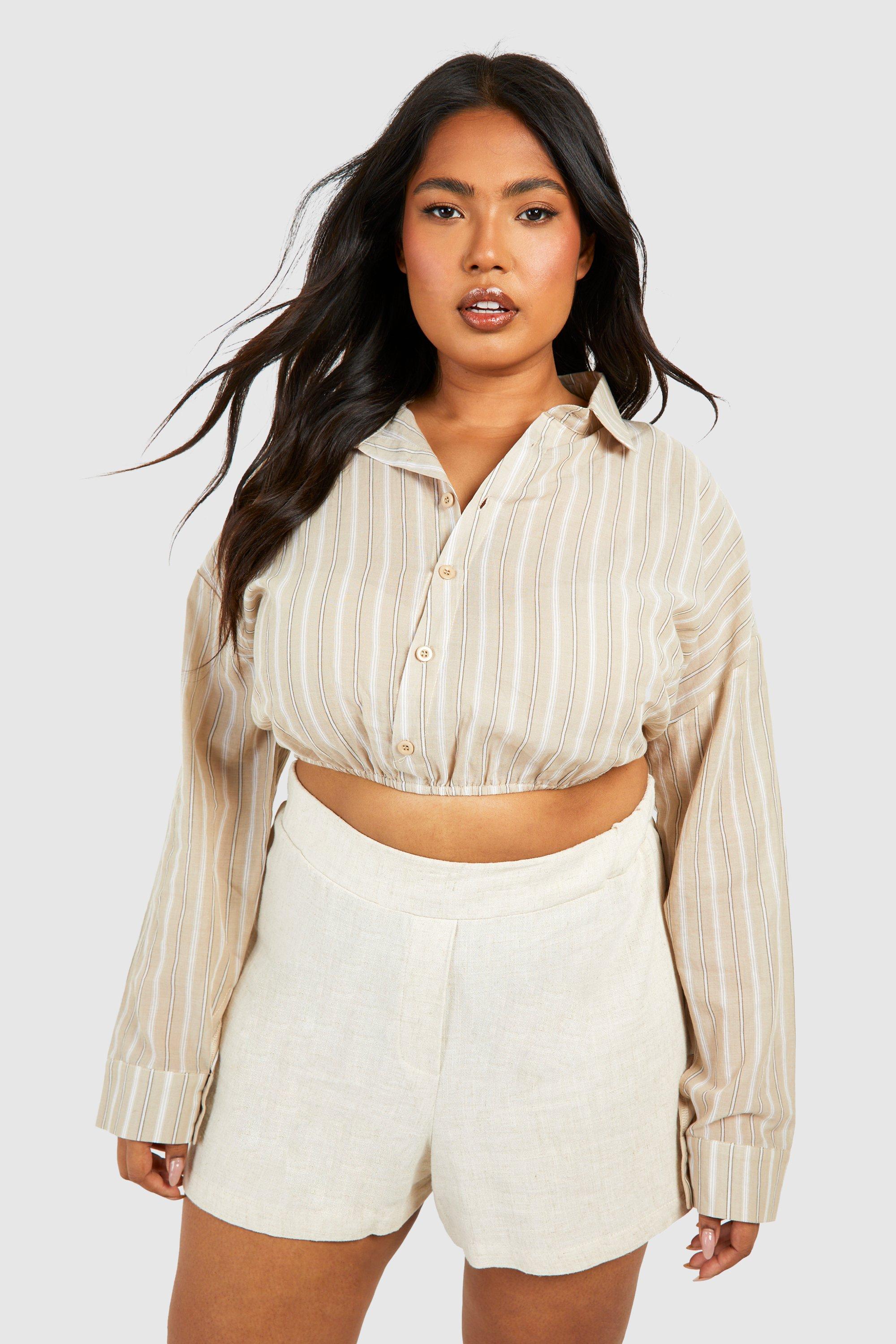 Image of Plus Stripe Linen Gathered Hem Crop Shirt, Beige